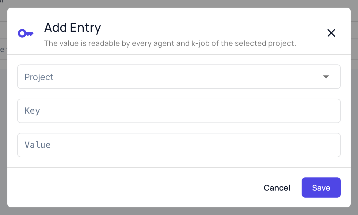 The Add Entry dialog with the Project selector and the Key and Value fields