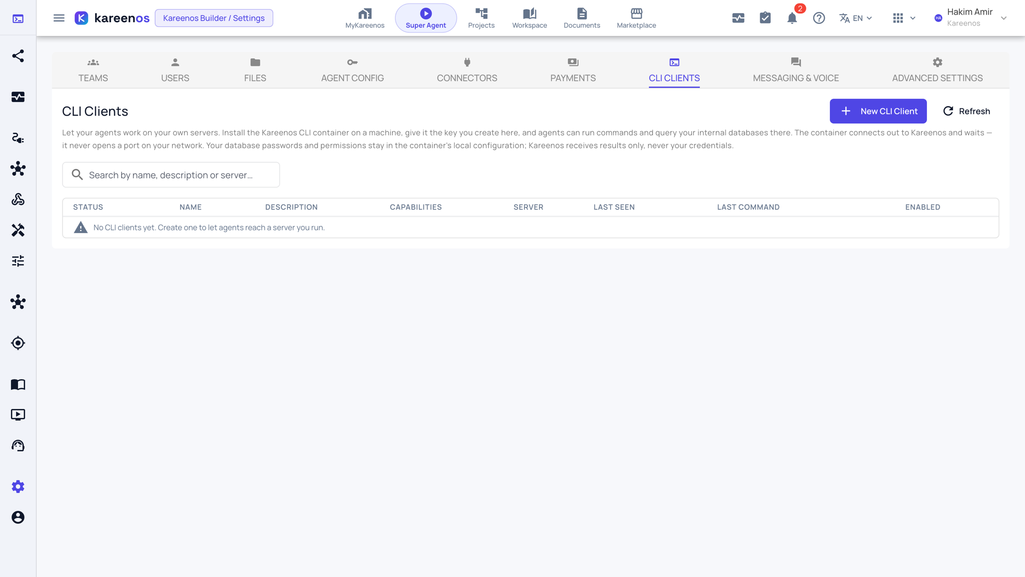 The CLI Clients tab with its explanation, the search box, the empty client table and the New CLI Client button