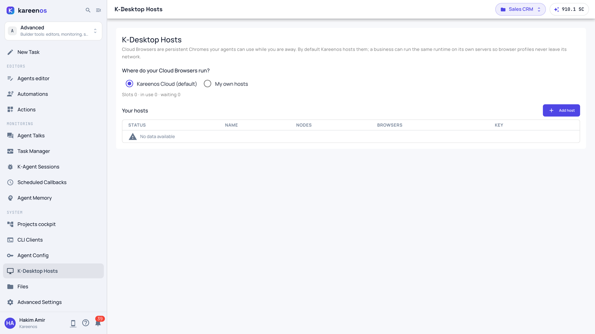 The K-Desktop Hosts page: the choice between Kareenos Cloud and My own hosts, the pool counts, and the Your hosts table with the Add host button