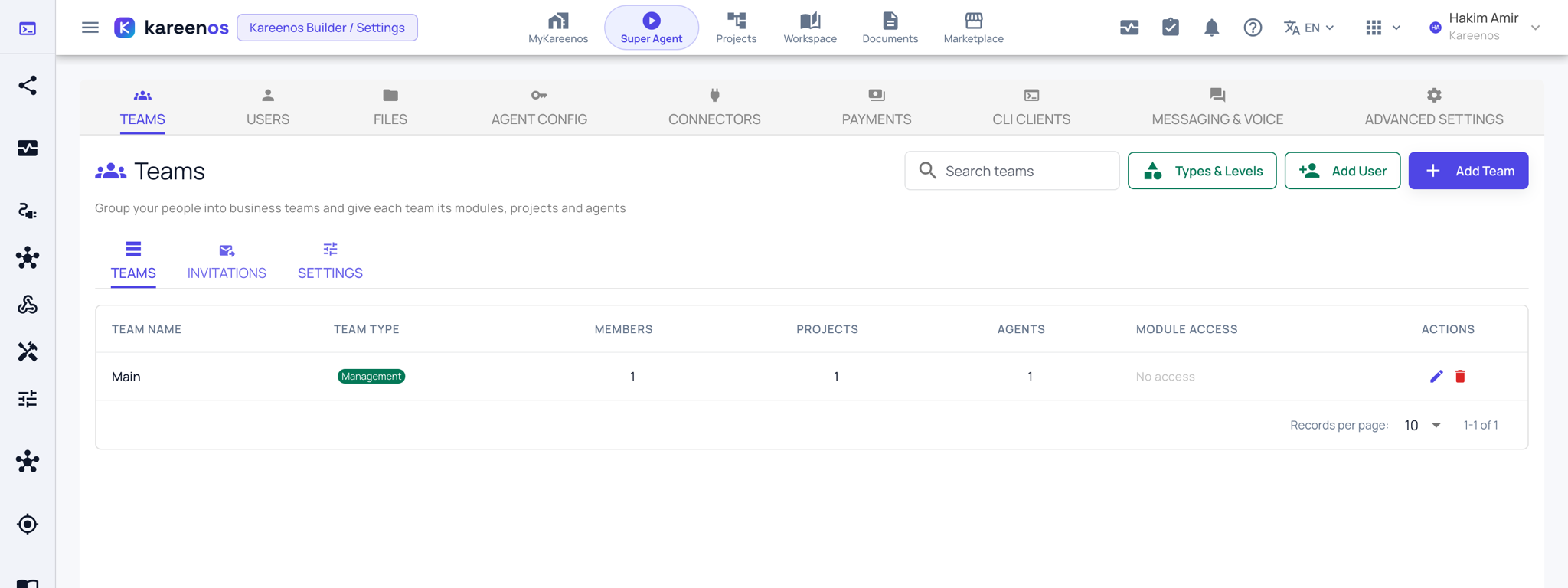 The Teams tab in Settings, listing each team with its type, member, project and agent counts, beside the Add Team and Add User buttons