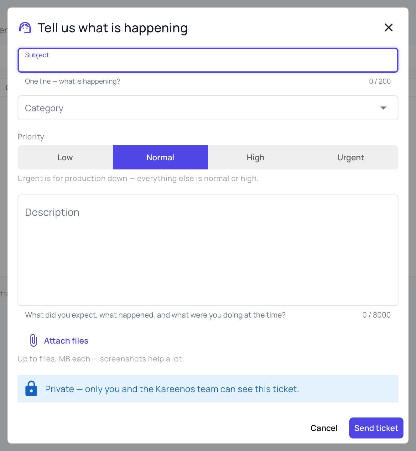 The new ticket dialog with the Subject, Category, Priority, Description and Attach files controls and the Send ticket button