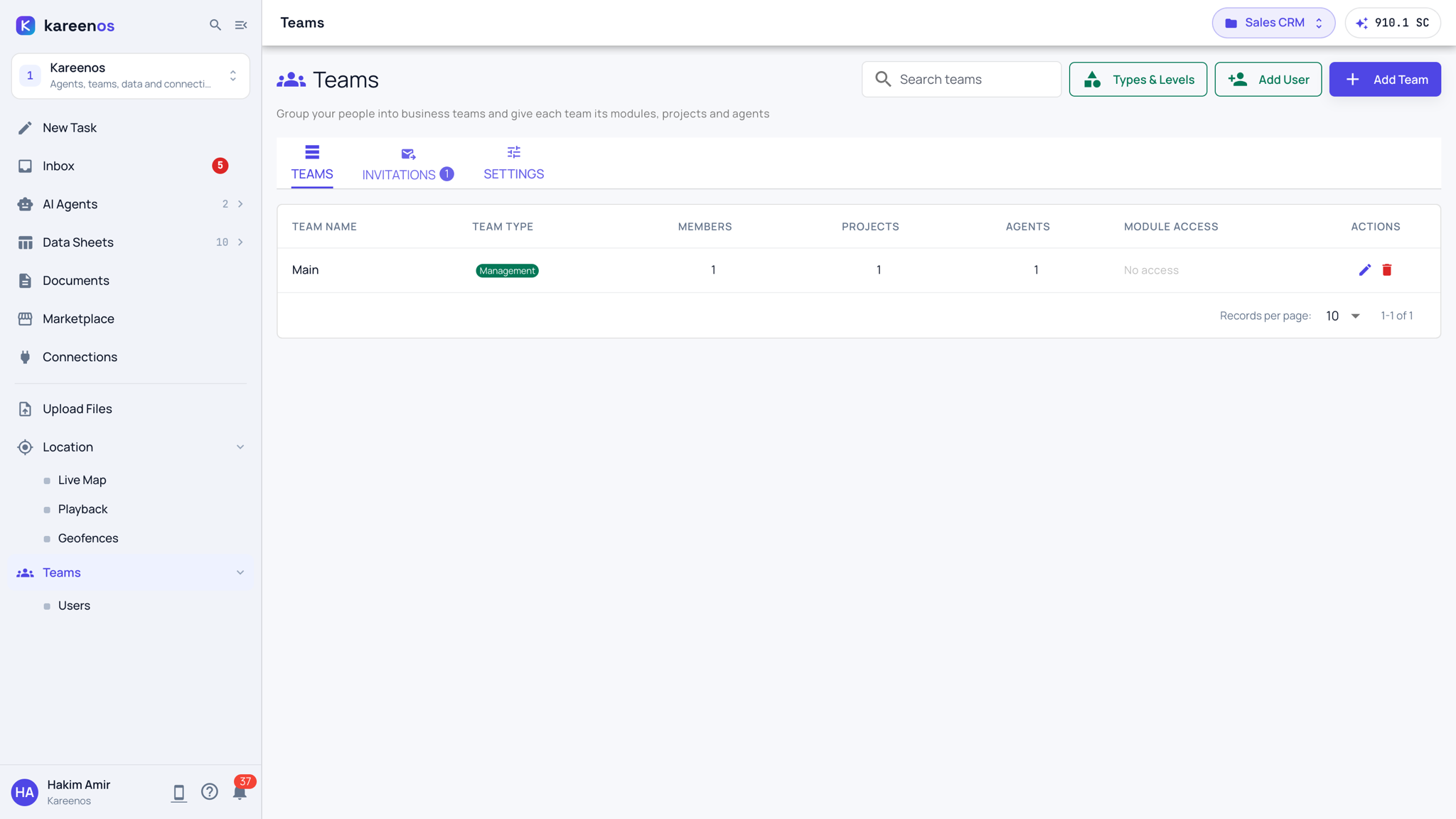 The Teams page: Teams open in the sidebar with Users beneath it, the Teams, Invitations and Settings tabs, the team list with its type, member, project and agent counts, and the Types & Levels, Add User and Add Team buttons