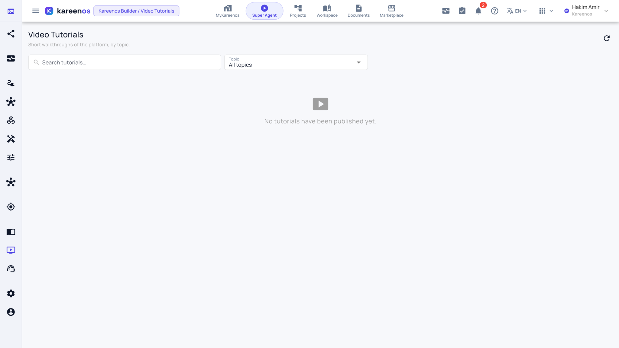 The Video Tutorials library with the search box and Topic filter, before any tutorials have been published to this account