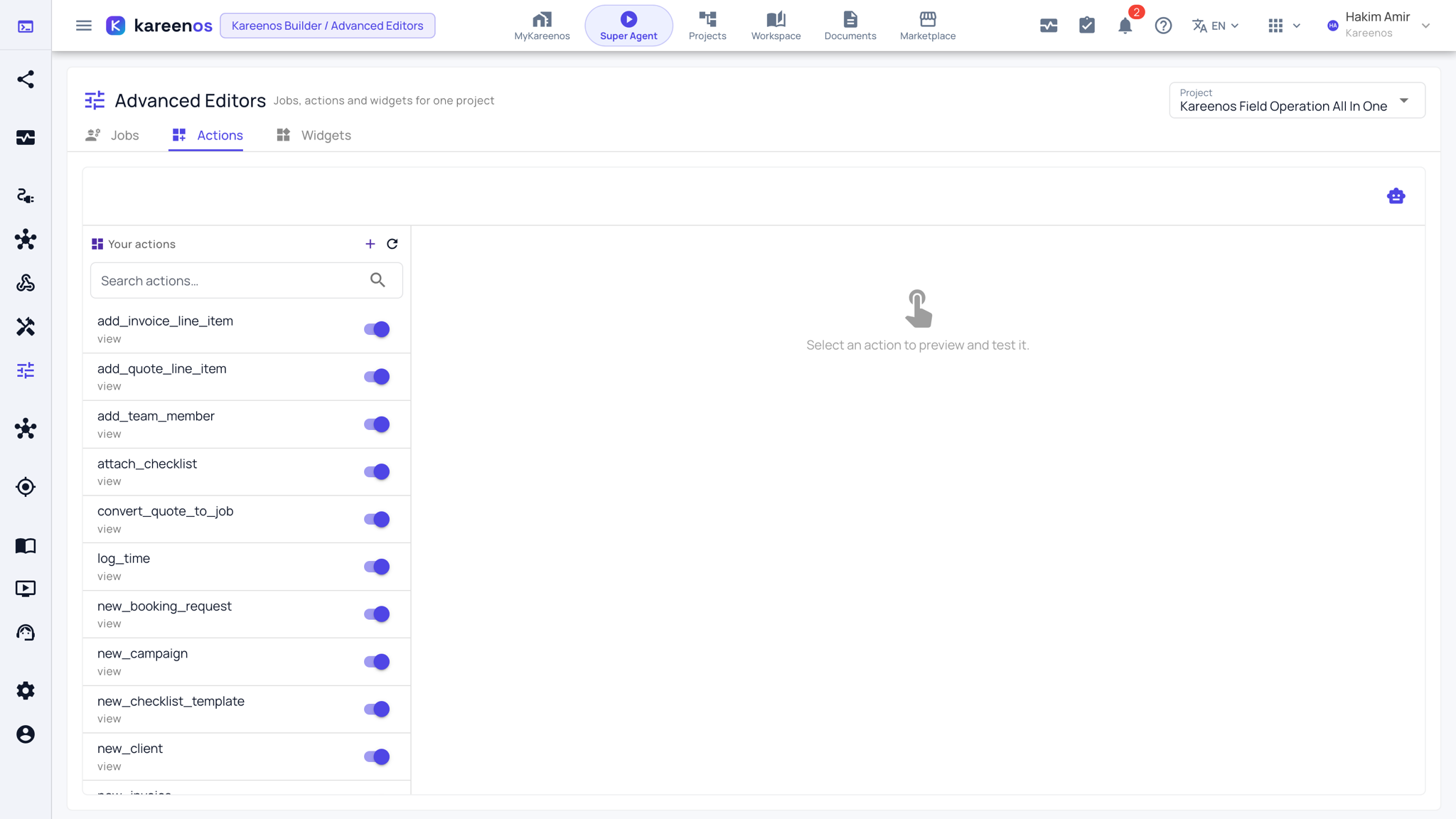 The Actions tab: the list of actions on the left, each with an enable switch, and the preview area waiting for one to be selected