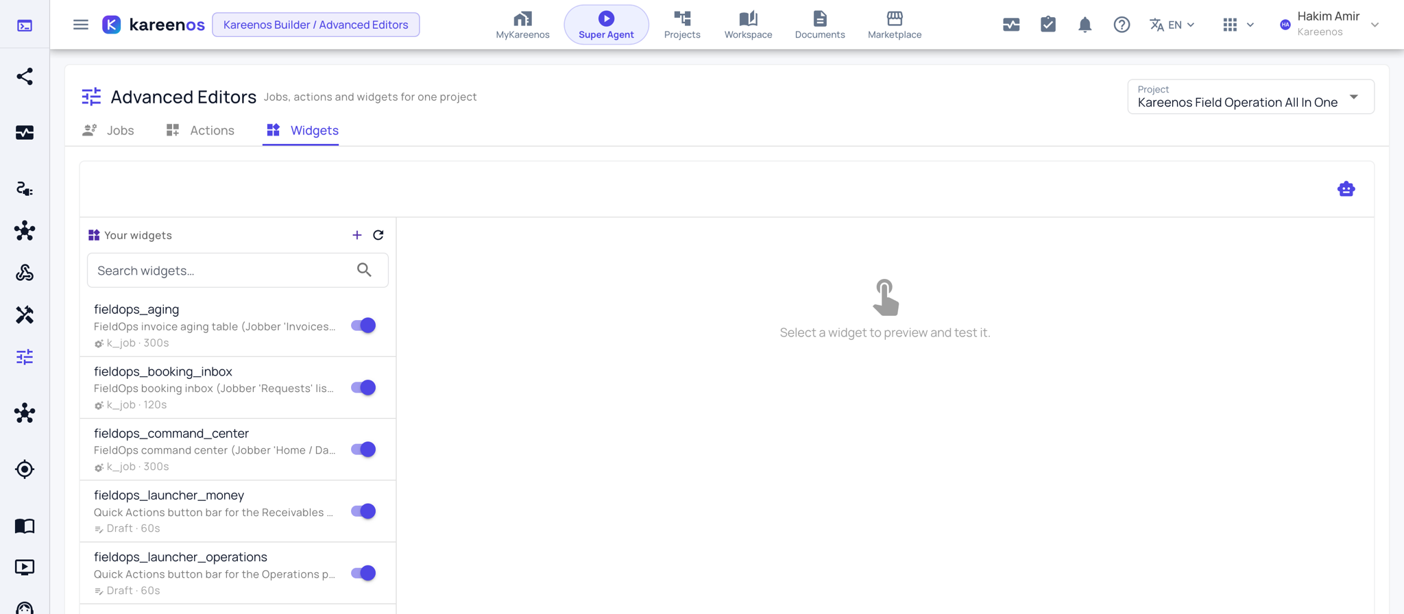 Advanced Editors with the shared Project picker in the top right, the Jobs, Actions and Widgets tabs beneath it, and the widget list for the chosen project