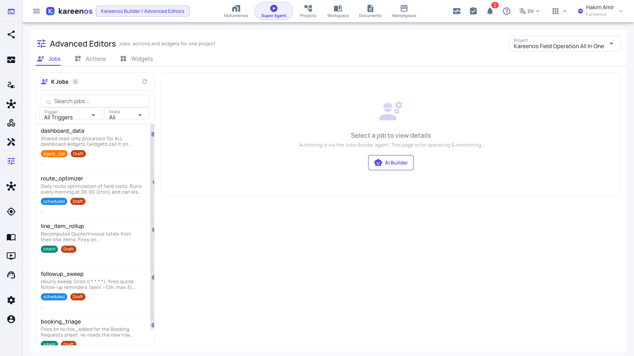 The Jobs tab with the job list on the left, each showing its trigger and state, and the detail area with the AI Builder button
