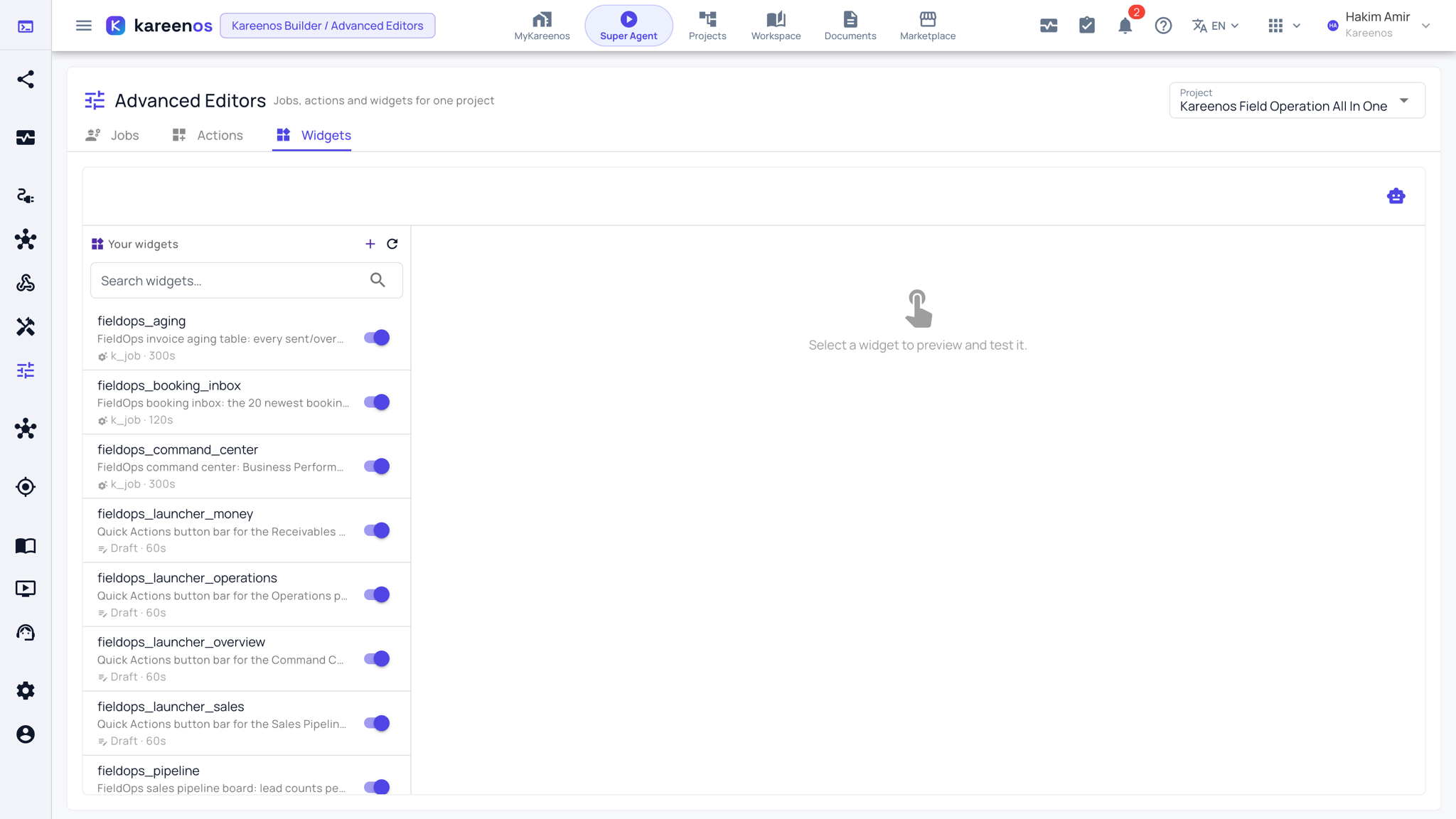 The Widgets tab listing each widget with what feeds it and its refresh interval, and the preview area on the right