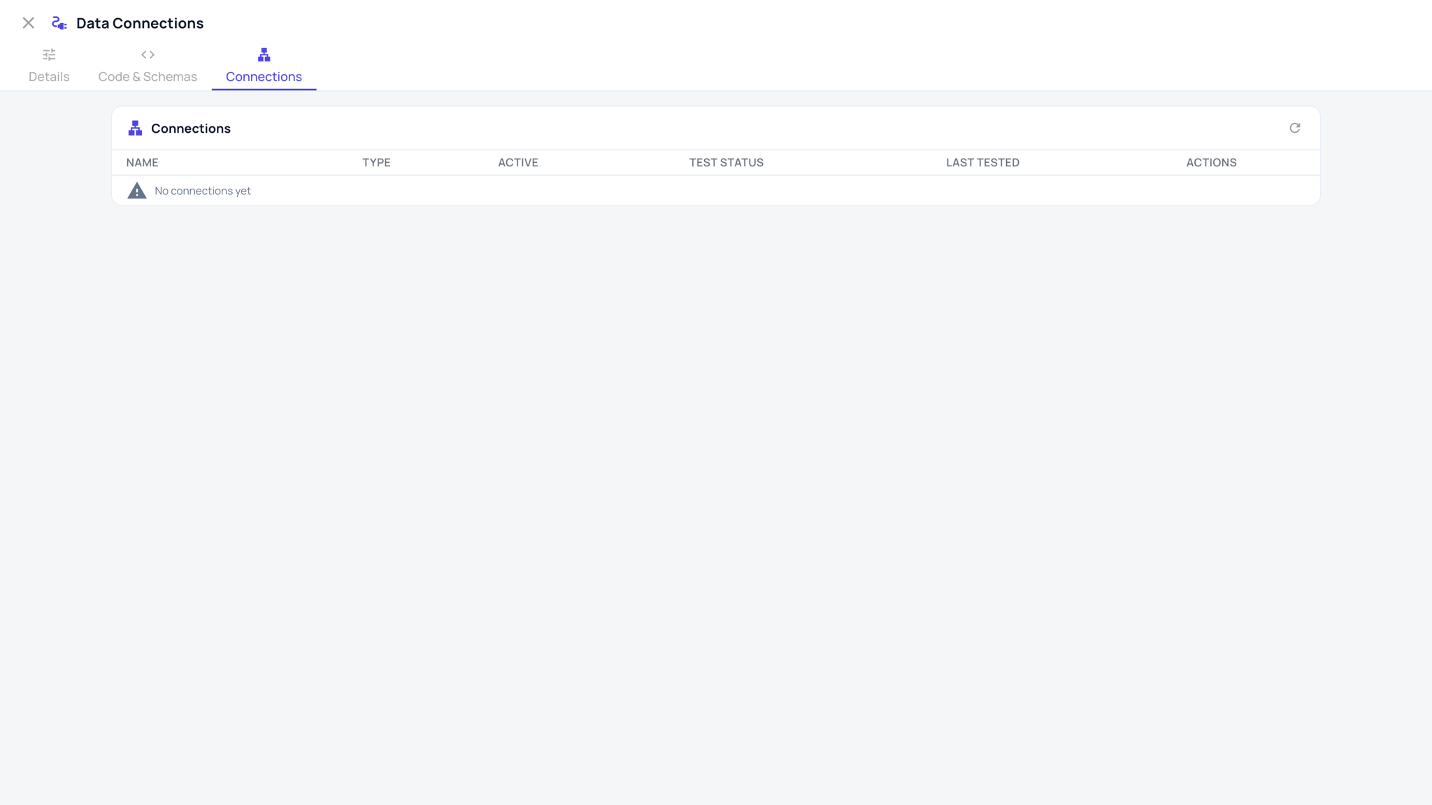The Data Connections dialog on its Connections tab, listing each connection's name, type, whether it is active and its last test