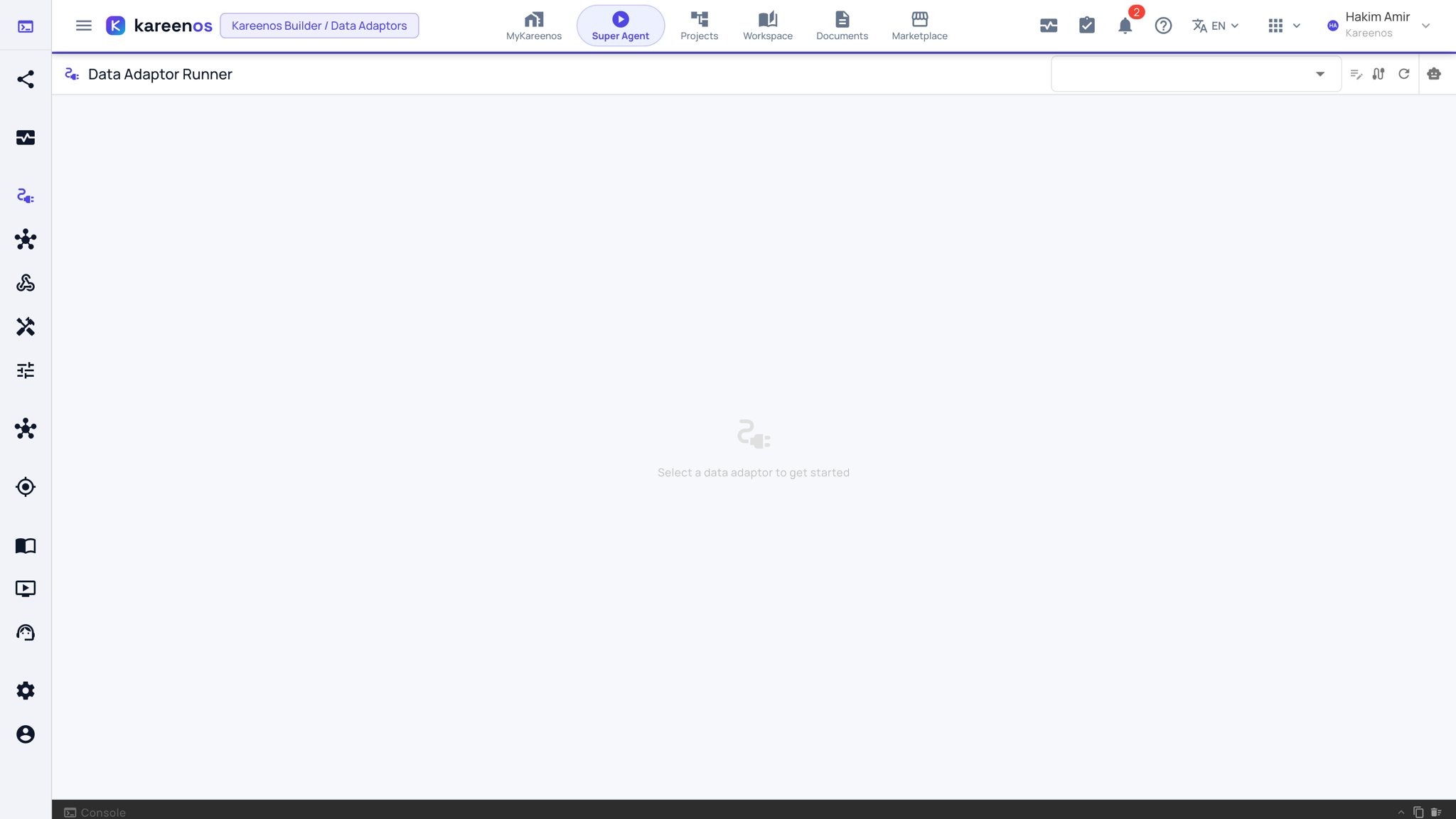 The Data Adaptor Runner before an adaptor is chosen: the adaptor selector and its edit, connections, refresh and AI builder buttons at the top right