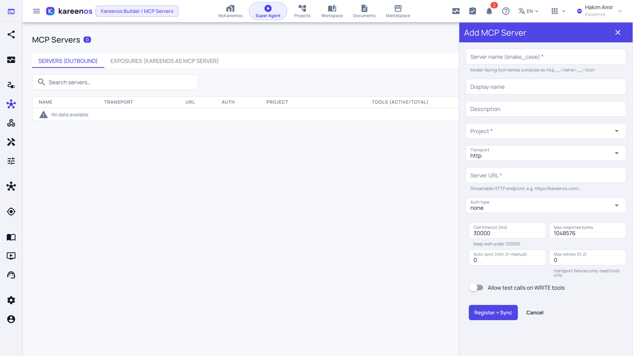 The Add MCP Server panel with the name, project, transport, server URL and auth type fields, the timeout and limit fields, and the Register + Sync button