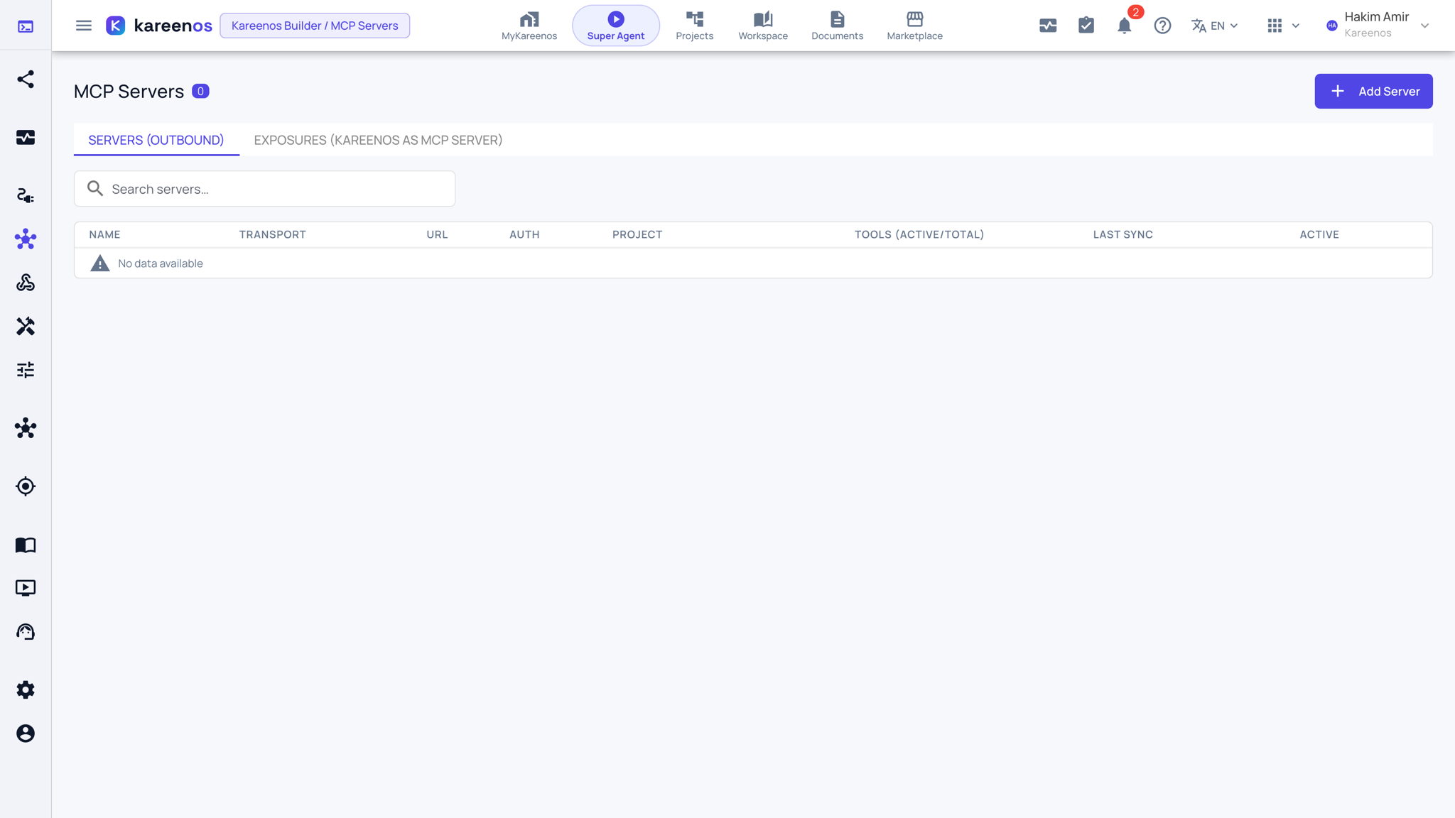 The MCP Servers page: the Servers and Exposures tabs, the search box, the empty server table and the Add Server button