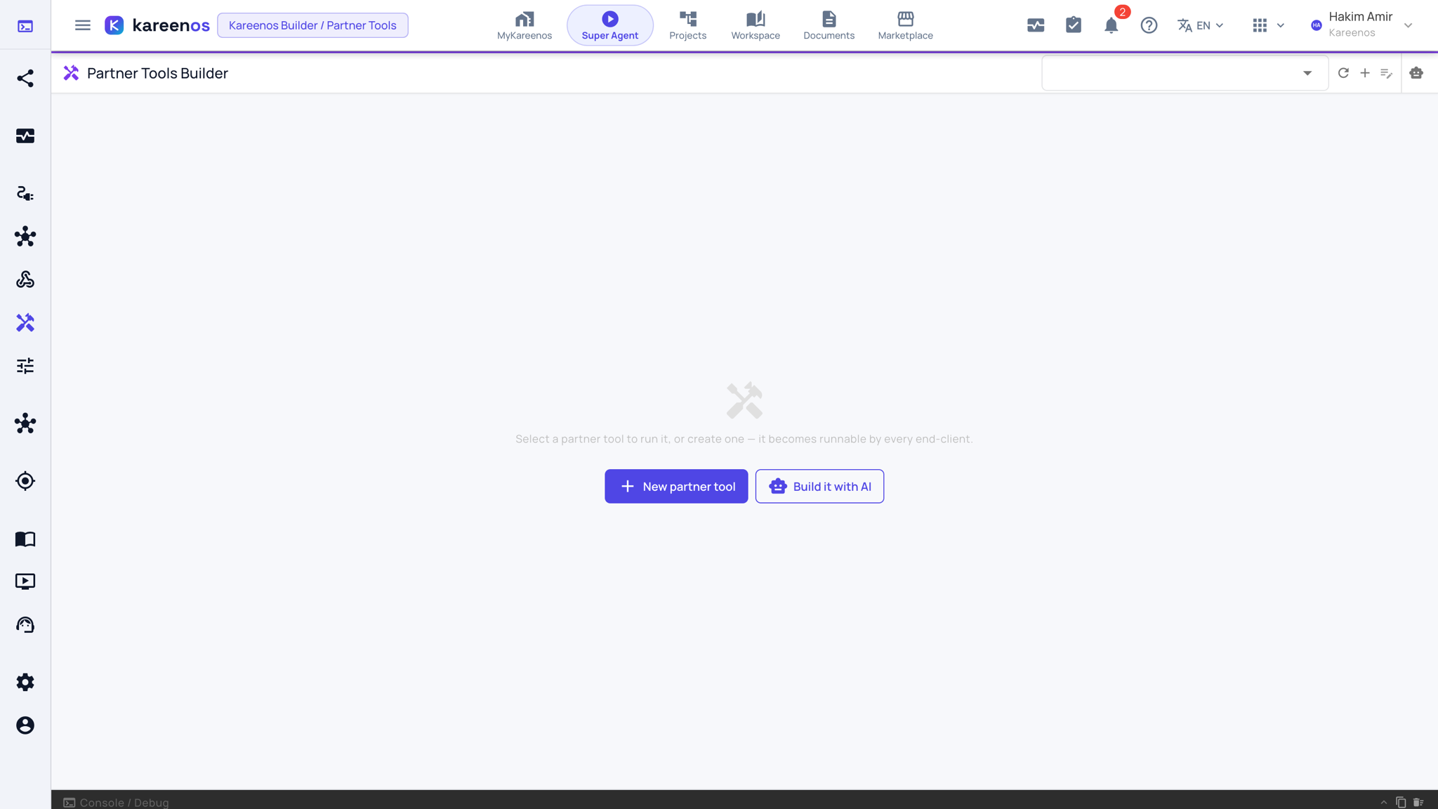 The Partner Tools Builder before a tool is chosen, with the New partner tool and Build it with AI buttons