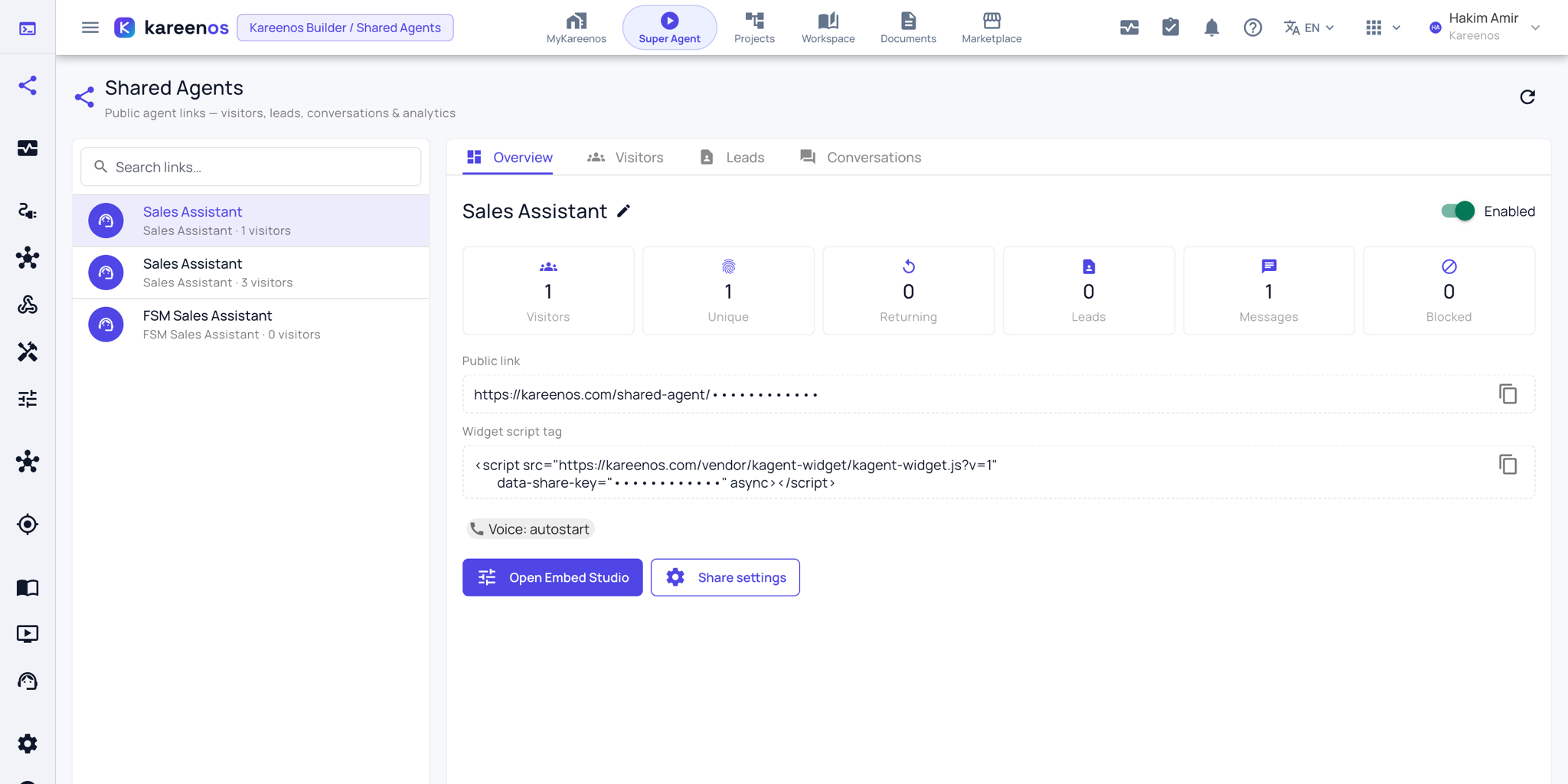 The Shared Agents console with one shared agent selected: the Overview, Visitors, Leads and Conversations tabs, the public link with its copy button, and the Open Embed Studio and Share settings buttons