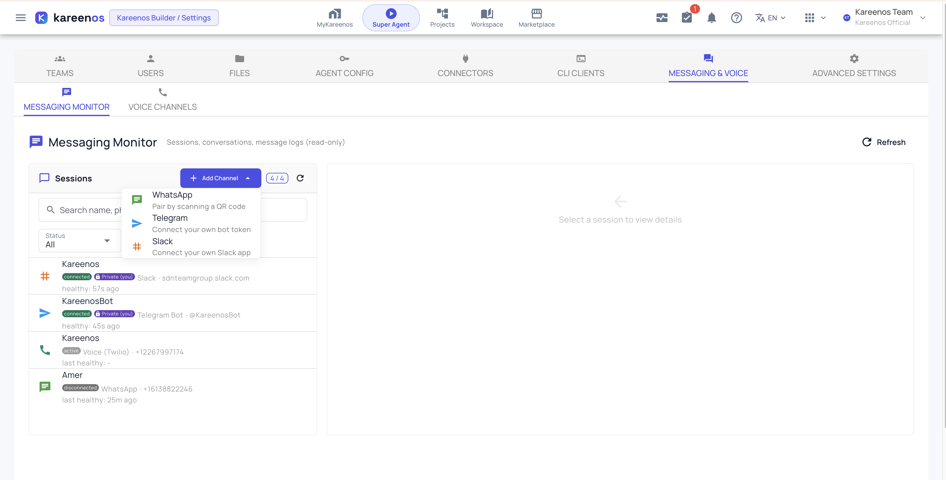 The Add Channel menu offering WhatsApp, Telegram and Slack