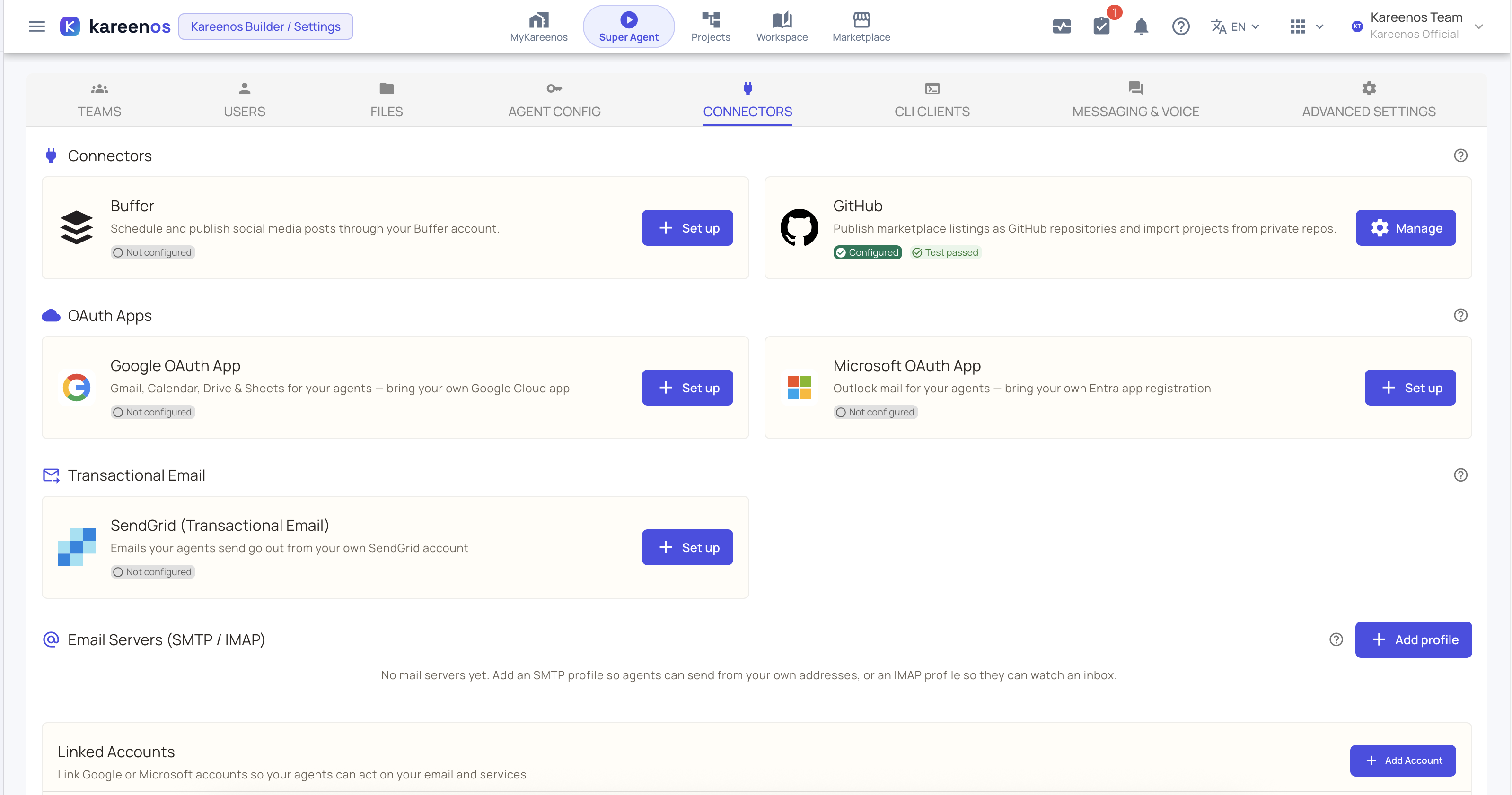The Connectors tab in Settings, showing the Connectors, OAuth Apps, Transactional Email, Email Servers and Linked Accounts sections