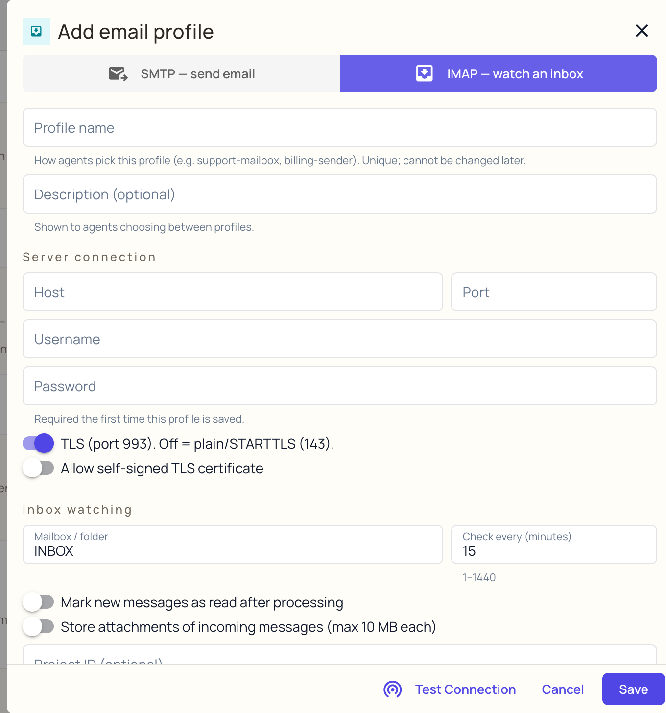 The Add email profile dialog in IMAP mode: the same connection fields, then the Inbox watching section with Mailbox / folder, Check every (minutes), and the mark-as-read and store-attachments toggles