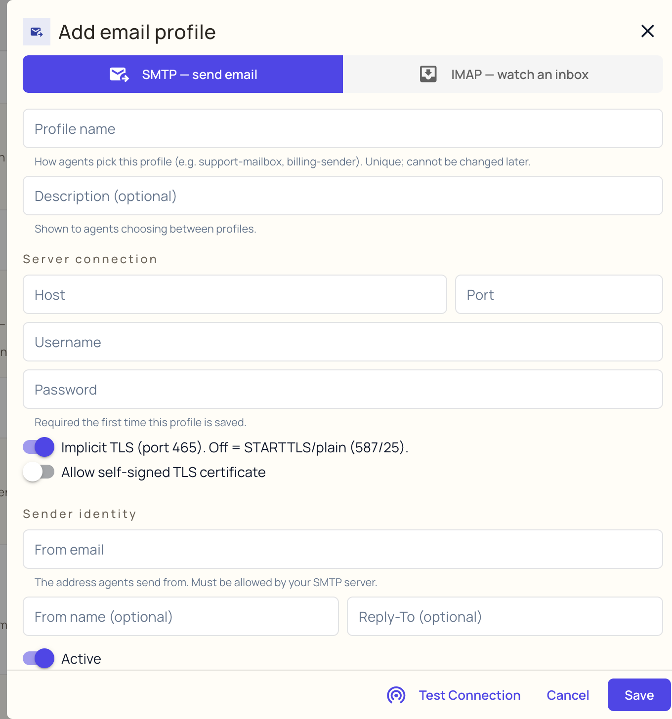 The Add email profile dialog in SMTP mode: the protocol switch at the top, the profile name and description, the server connection fields, the TLS toggles, the sender identity fields, and Test Connection, Cancel and Save at the bottom