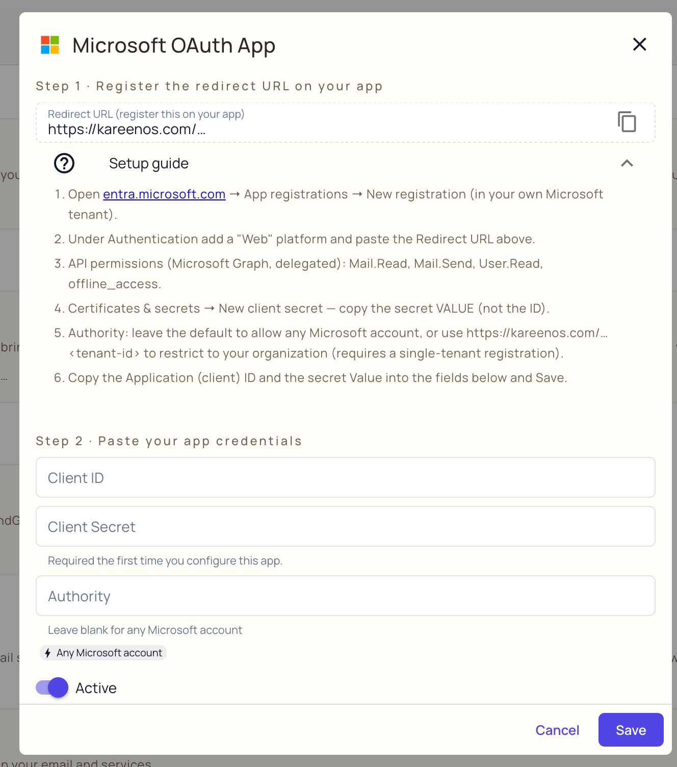 The Microsoft OAuth App dialog: the Redirect URL with its copy button, the expanded Setup guide, and the Client ID, Client Secret and Authority fields