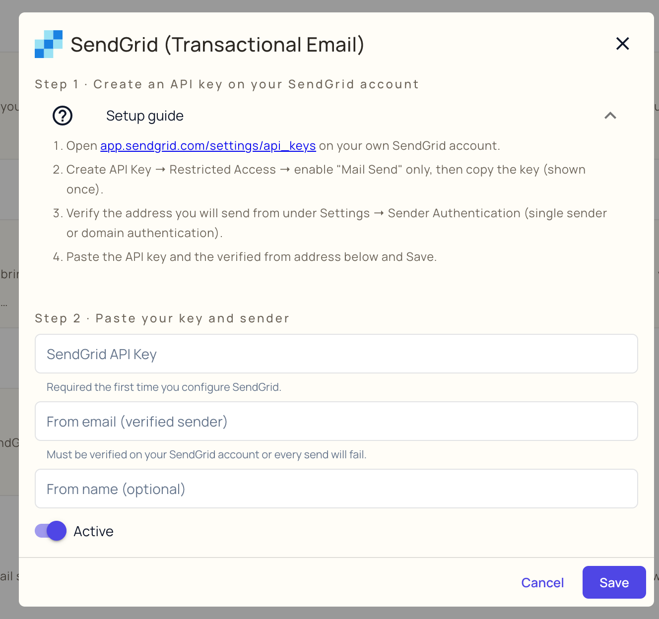 The SendGrid dialog: the Setup guide under Step 1, and the SendGrid API Key, From email and From name fields under Step 2, with the Active switch and Save button