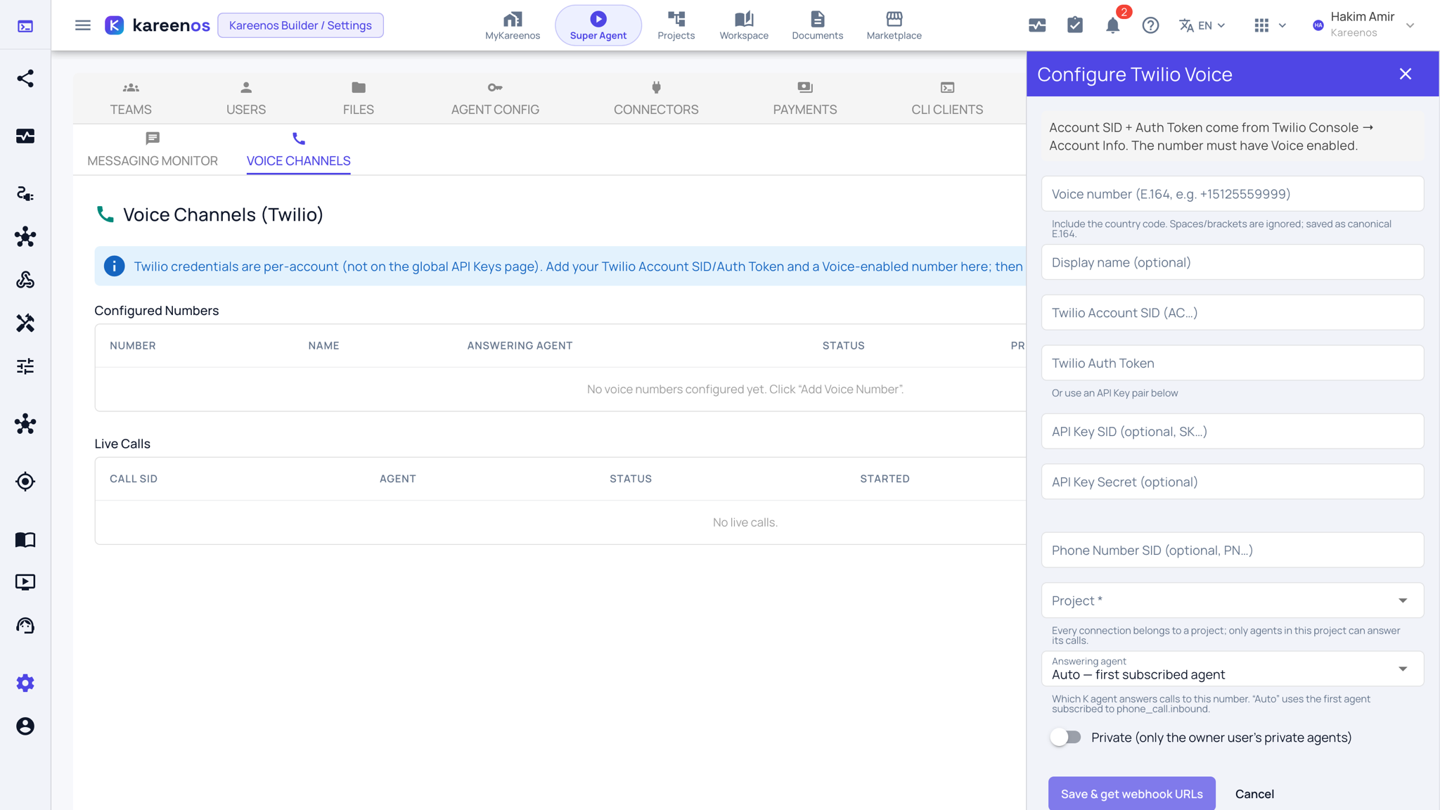 The Configure Twilio Voice panel: the voice number and display name, the Twilio Account SID and Auth Token or API key pair, the optional Phone Number SID, the Project and Answering agent selectors, the Private toggle and the Save and get webhook URLs button