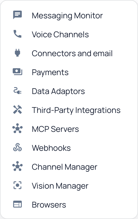 The Manage connections menu: Messaging Monitor, Voice Channels, Connectors and email, Payments, Data Adaptors, Third-Party Integrations, MCP Servers, Webhooks, Channel Manager, Vision Manager and Browsers