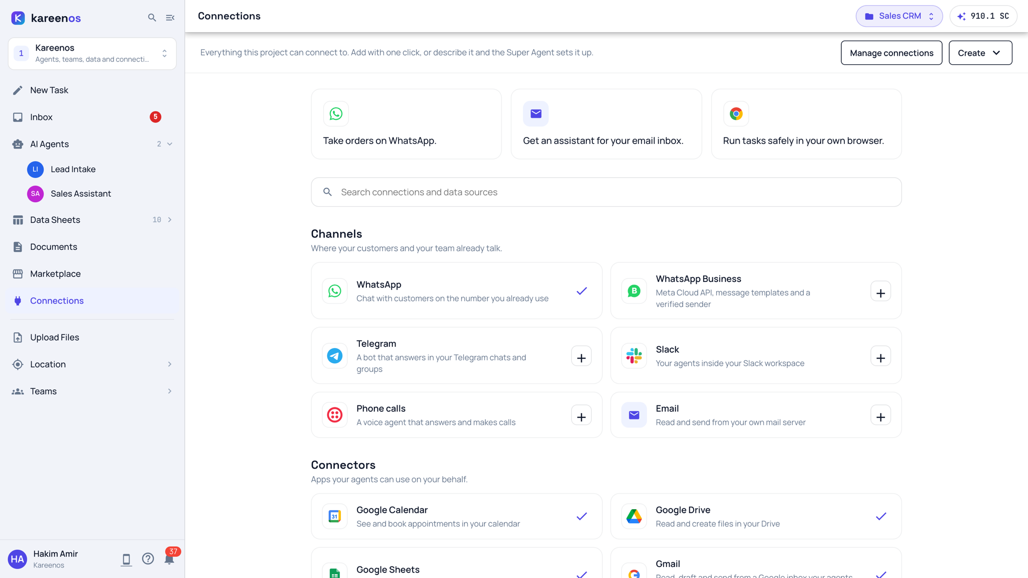 The Connections page: three featured cards, the search box, and the Channels section with WhatsApp, WhatsApp Business, Telegram, Slack, Phone calls and Email, then Connectors with Google Calendar and Google Drive, each card with a plus or a tick