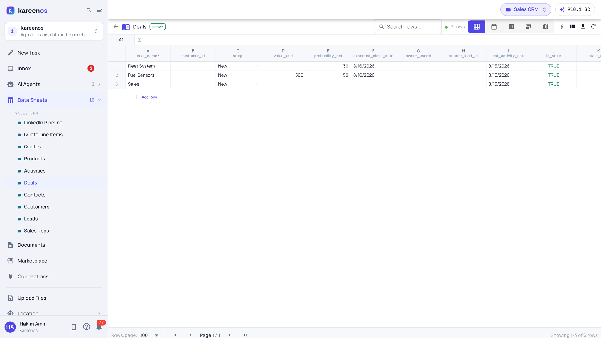 A sheet open from the sidebar: Data Sheets expanded with the Sales CRM sheets, the Deals sheet in grid view with its typed columns, the Add Row button, and the view switcher and tools at the top right