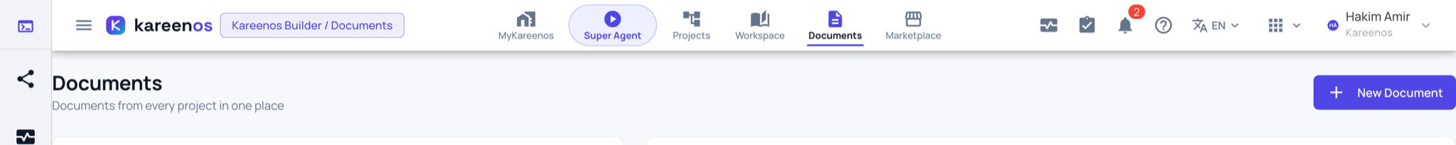 The Documents page header with the New Document button and the filters