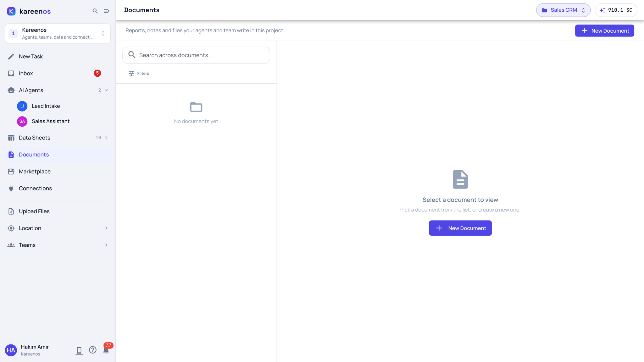The Documents page: the toolbar with New Document, the search box and Filters over the list on the left, and the reader on the right waiting for a document to be selected