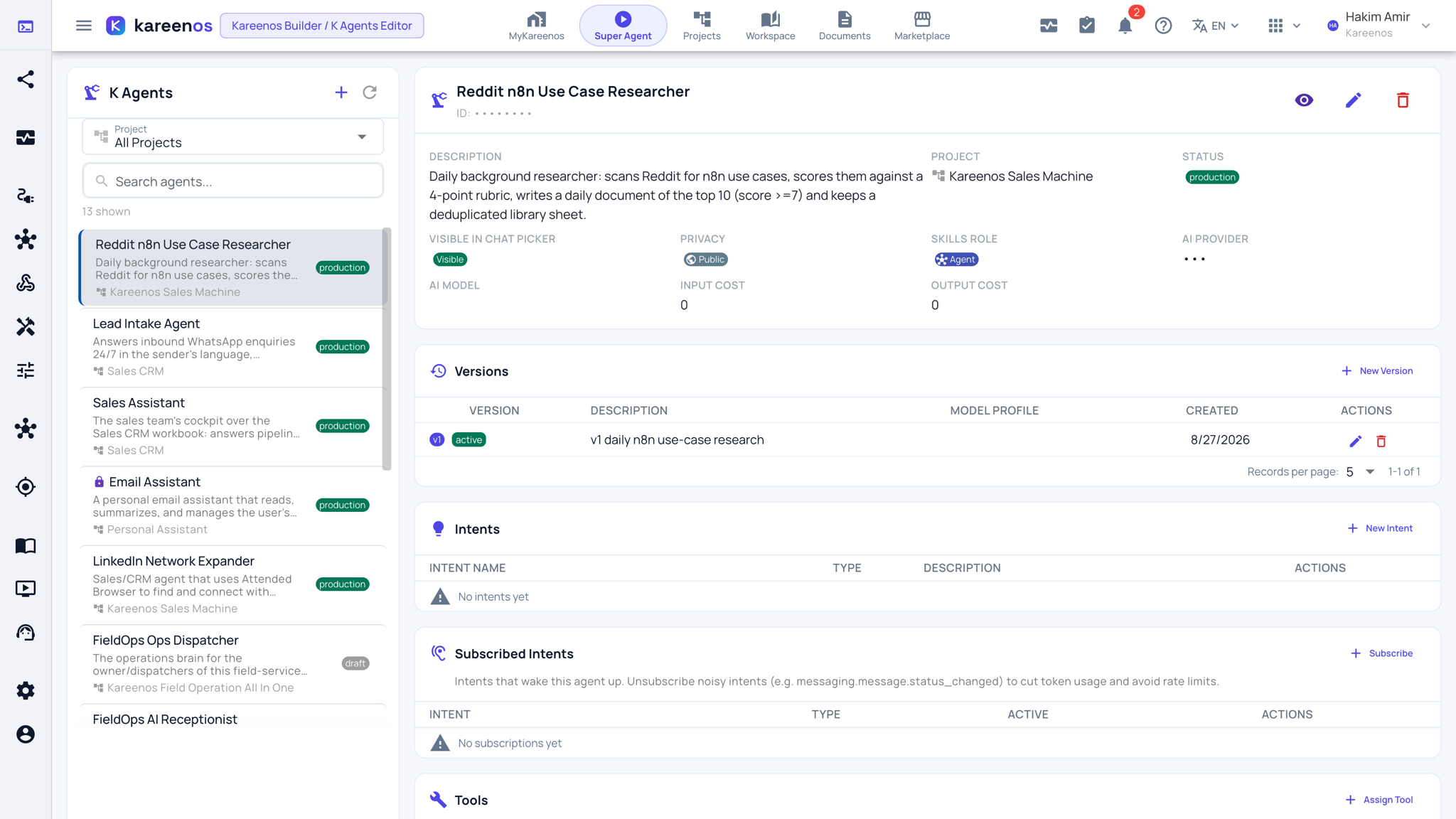 An agent opened in the K Agents Editor: description, project and status at the top, then the Versions, Intents, Subscribed Intents and Tools sections