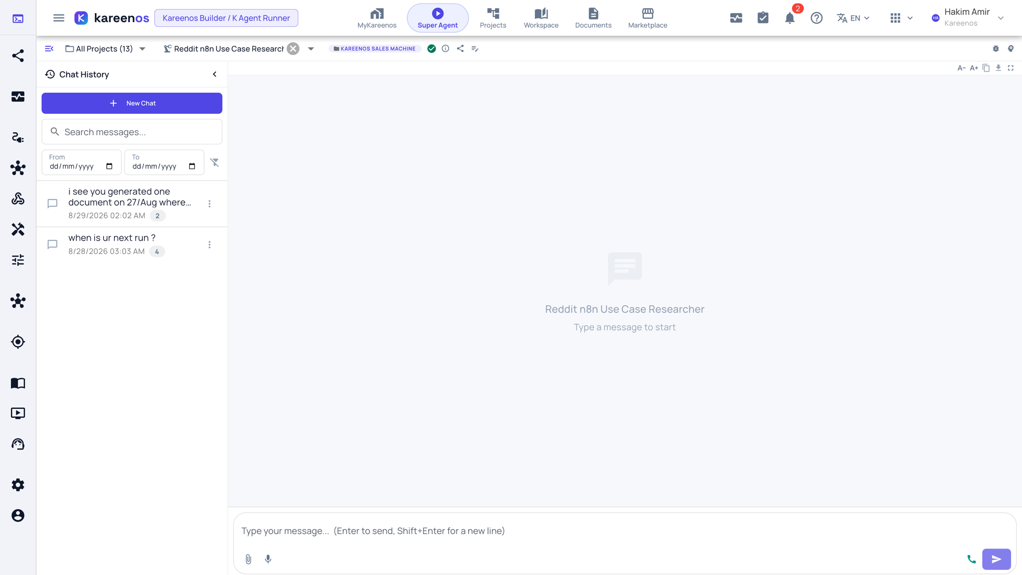 The K Agent Runner with an agent selected at the top, the chat history on the left and the message box at the bottom