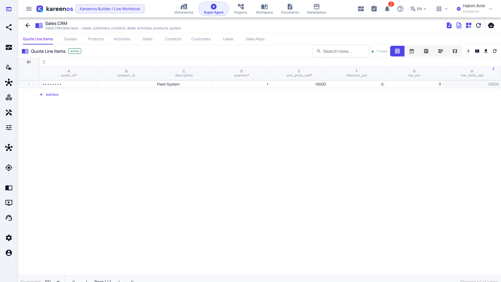 A sheet open in grid view: the sheet tabs across the top, the search box, the view switcher buttons on the right, the typed columns and the Add Row button