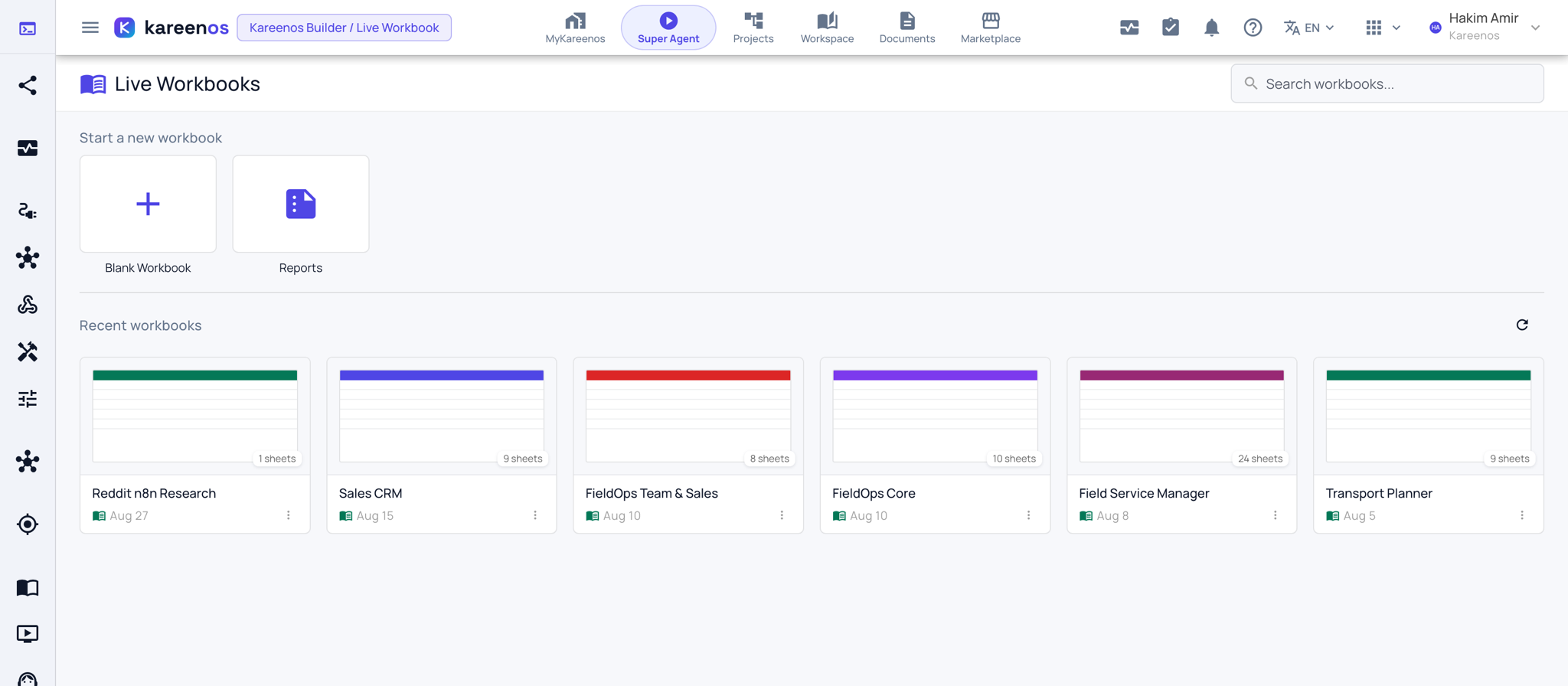 The Live Workbooks page showing recent workbooks as cards, each with its name, sheet count and last-changed date, and the Blank Workbook and Reports starters above them