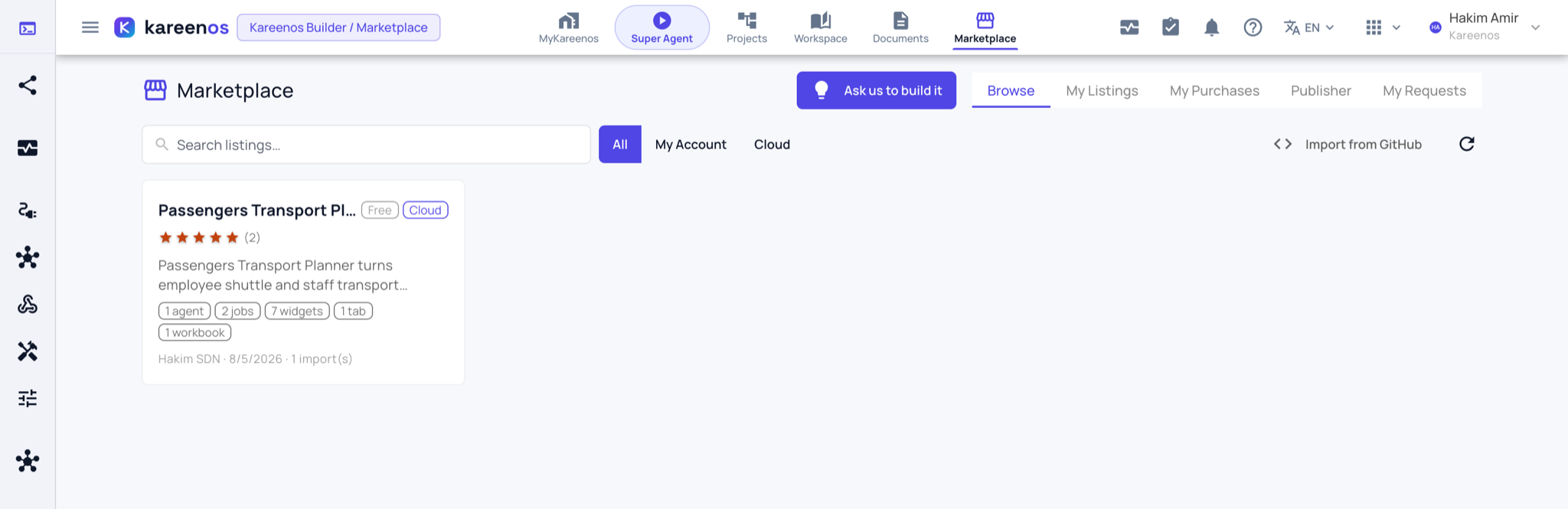 The Marketplace Browse tab with the search box, the All, My Account and Cloud filters, a listing card, and the My Listings, My Purchases, Publisher and My Requests tabs