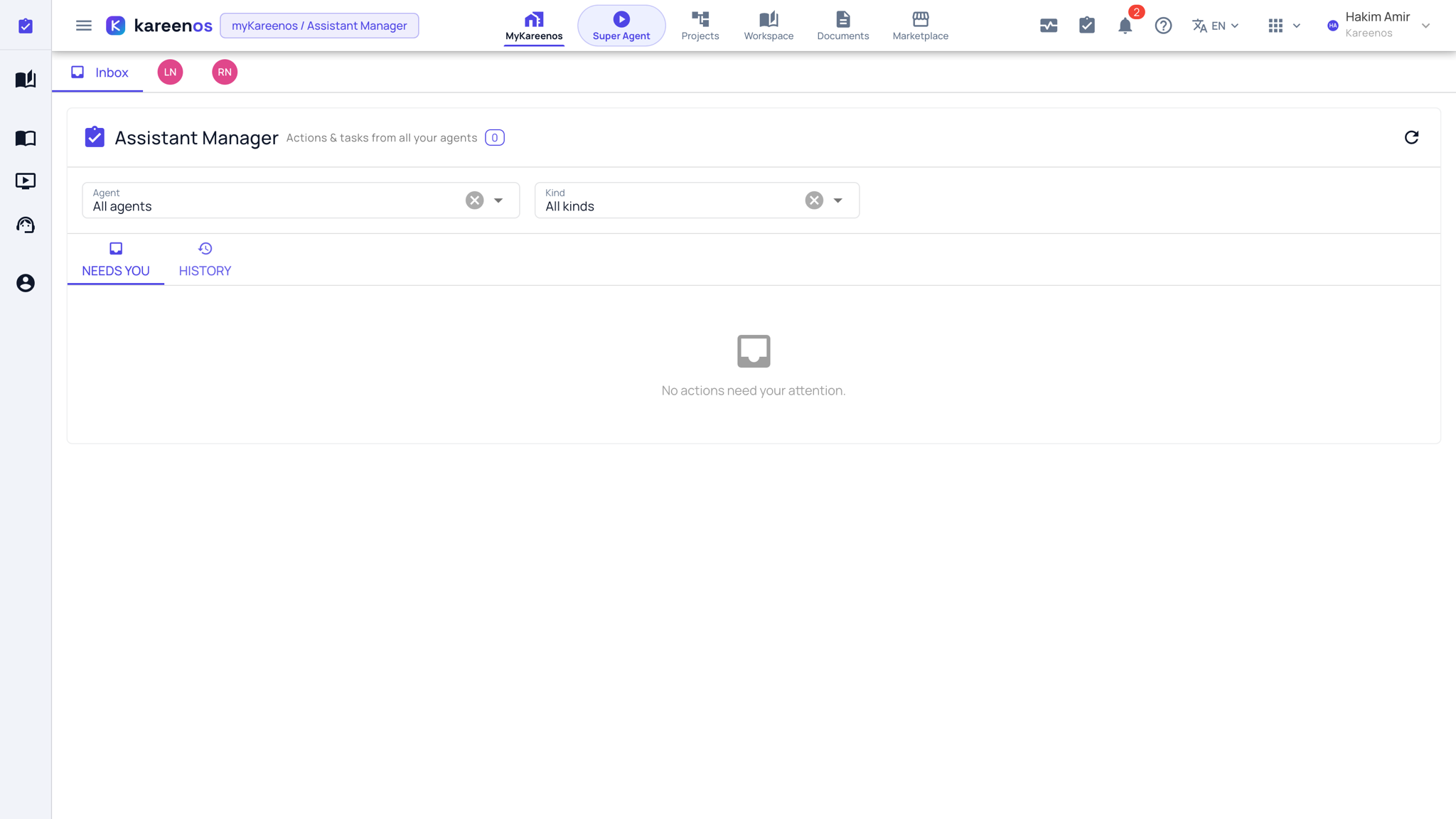 The MyKareenos inbox: the Inbox tab and one tab per agent across the top, the Agent and Kind filters, and the Needs You and History tabs below