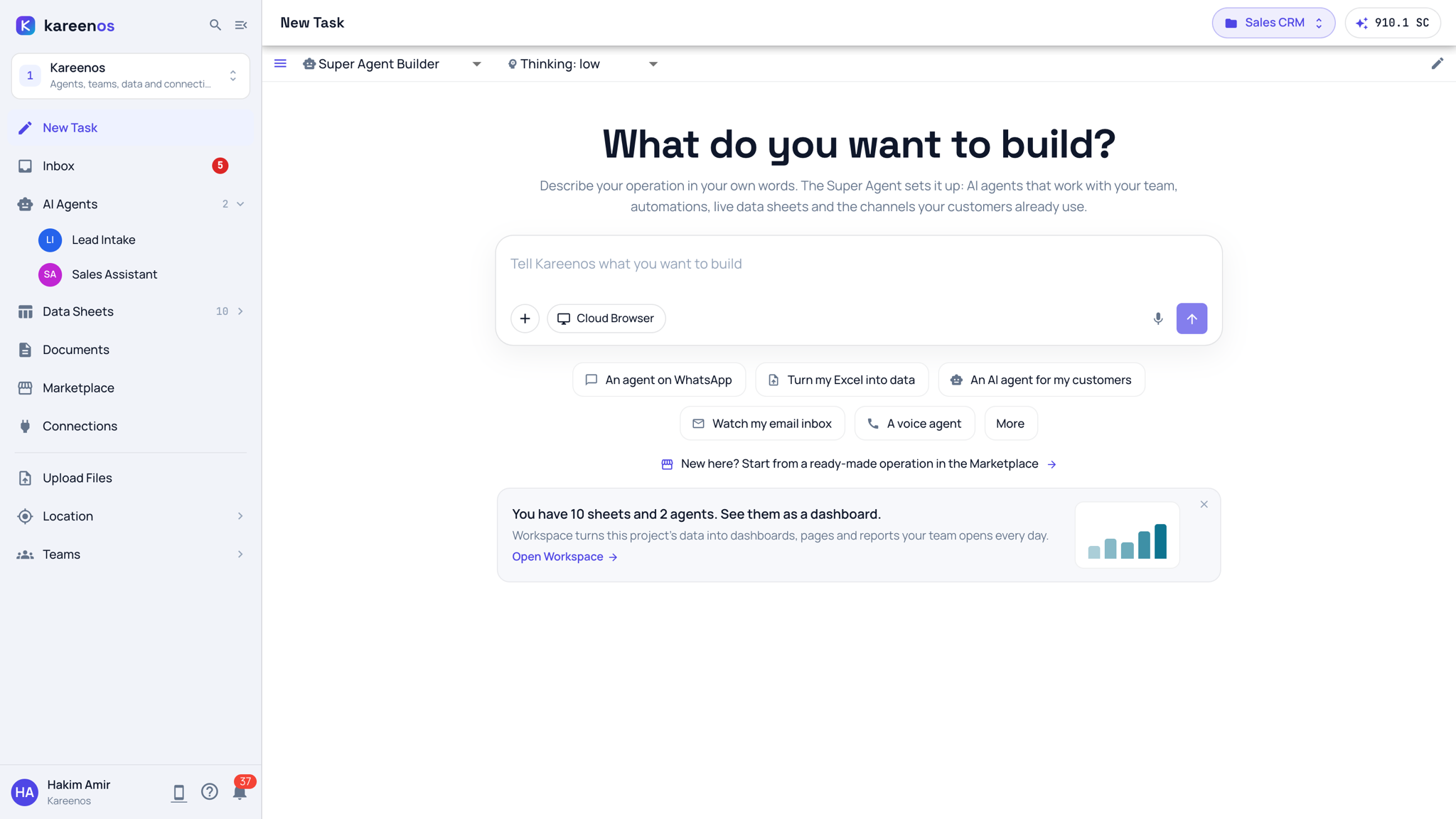 New Task at level 1: the headline What do you want to build, the task box with the attach, Cloud Browser and microphone buttons, example chips under it and the Marketplace line