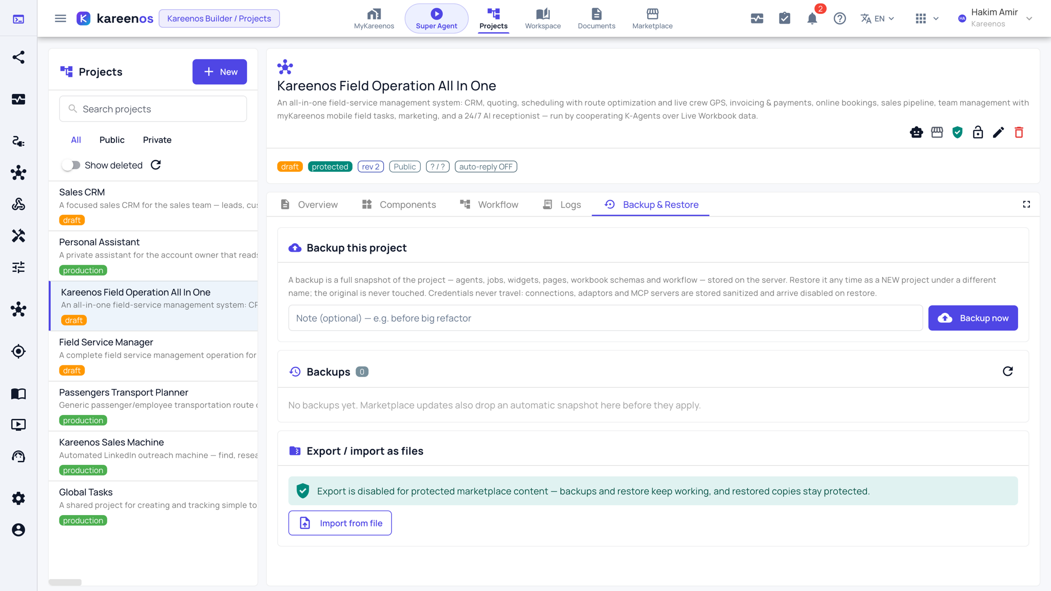 The Backup & Restore tab with the Backup now button, the list of backups and the Import from file button