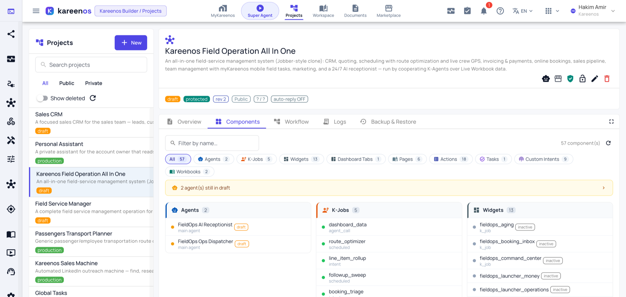 The Components tab of a project, counting its agents, jobs, widgets, pages, actions and tasks, with each group listed beneath