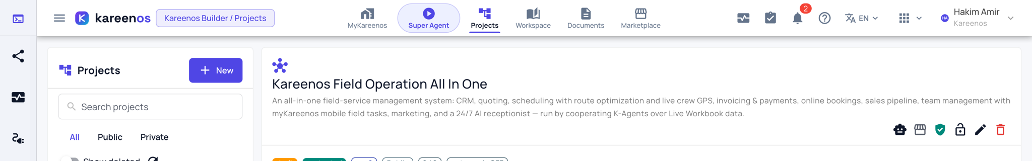 The project header: name, description and the row of action buttons on the right