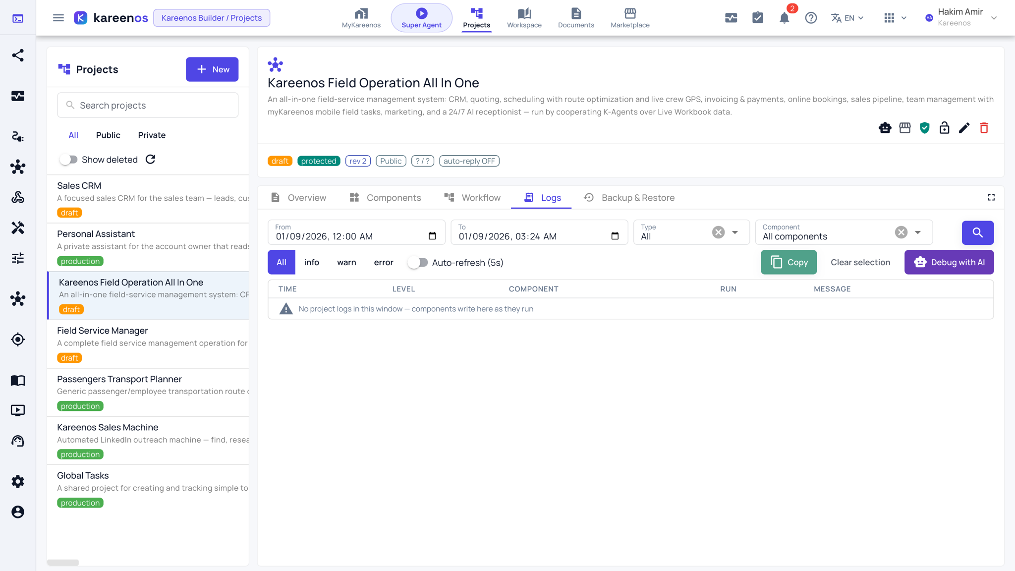 The Logs tab with its From and To times, Type and Component filters, the level toggles and the Debug with AI button