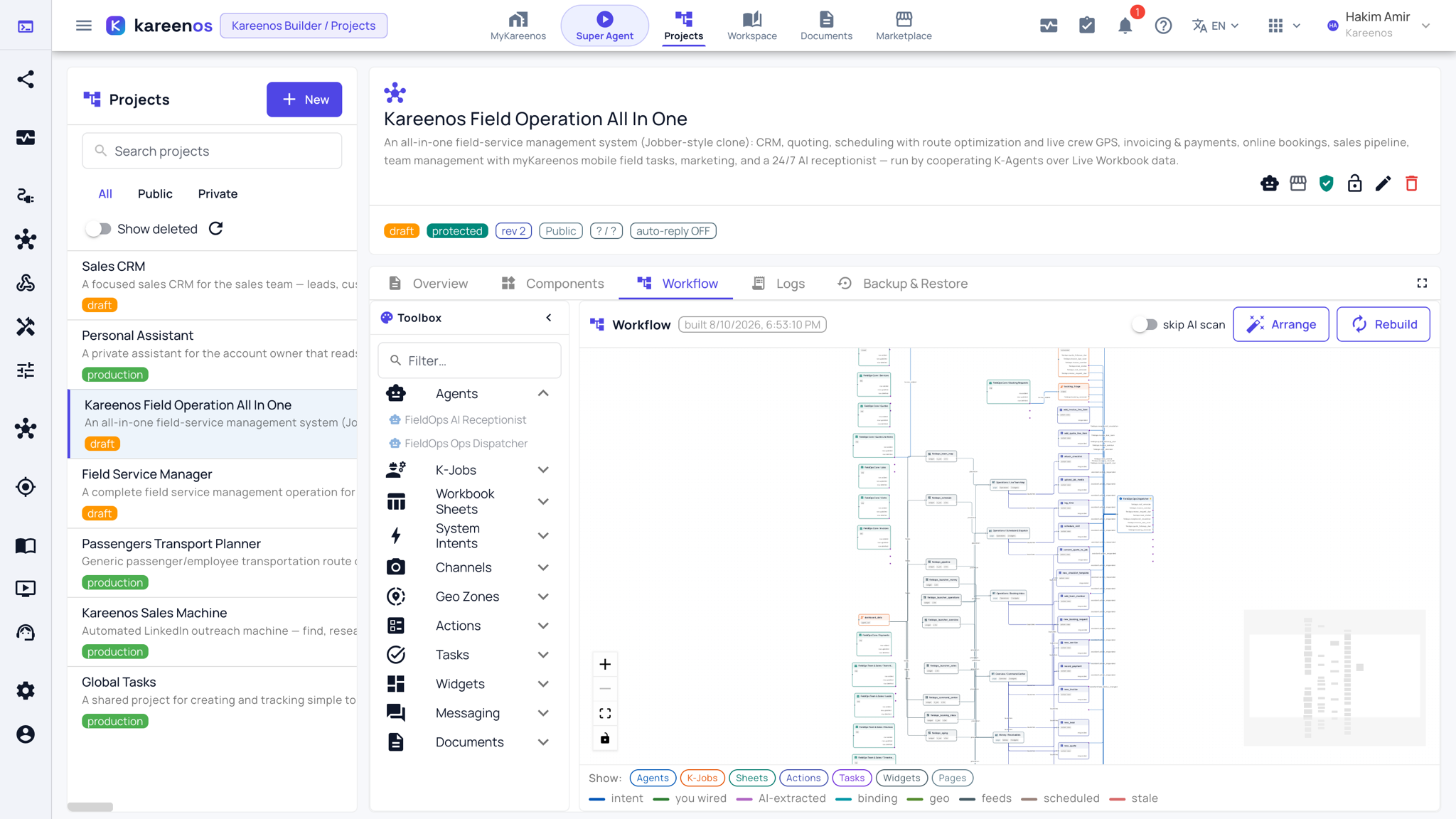 The Workflow tab showing the toolbox of project parts on the left and the map of what triggers what on the right