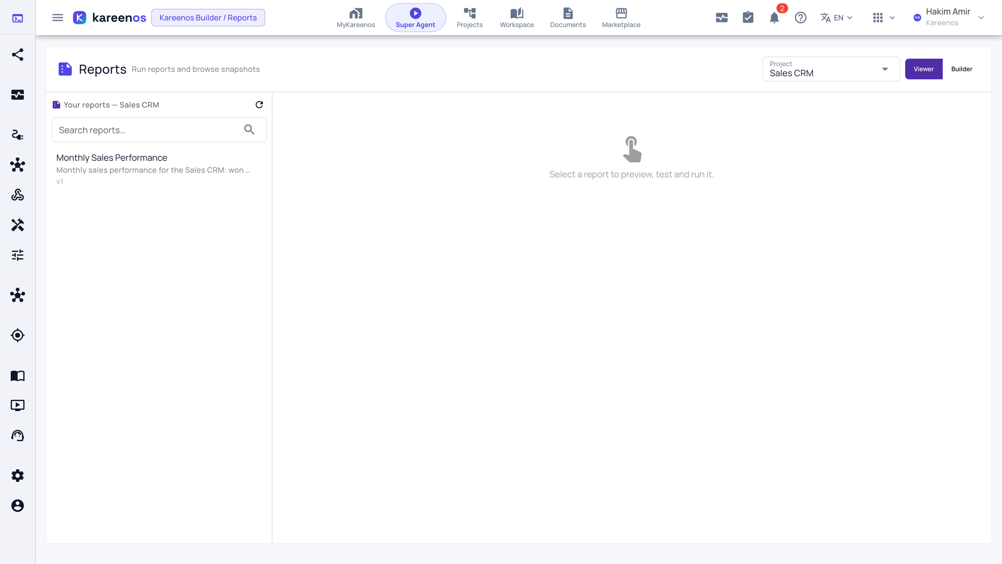The Reports page with the Project selector and the Viewer and Builder toggle at the top, the list of reports on the left and the preview area on the right