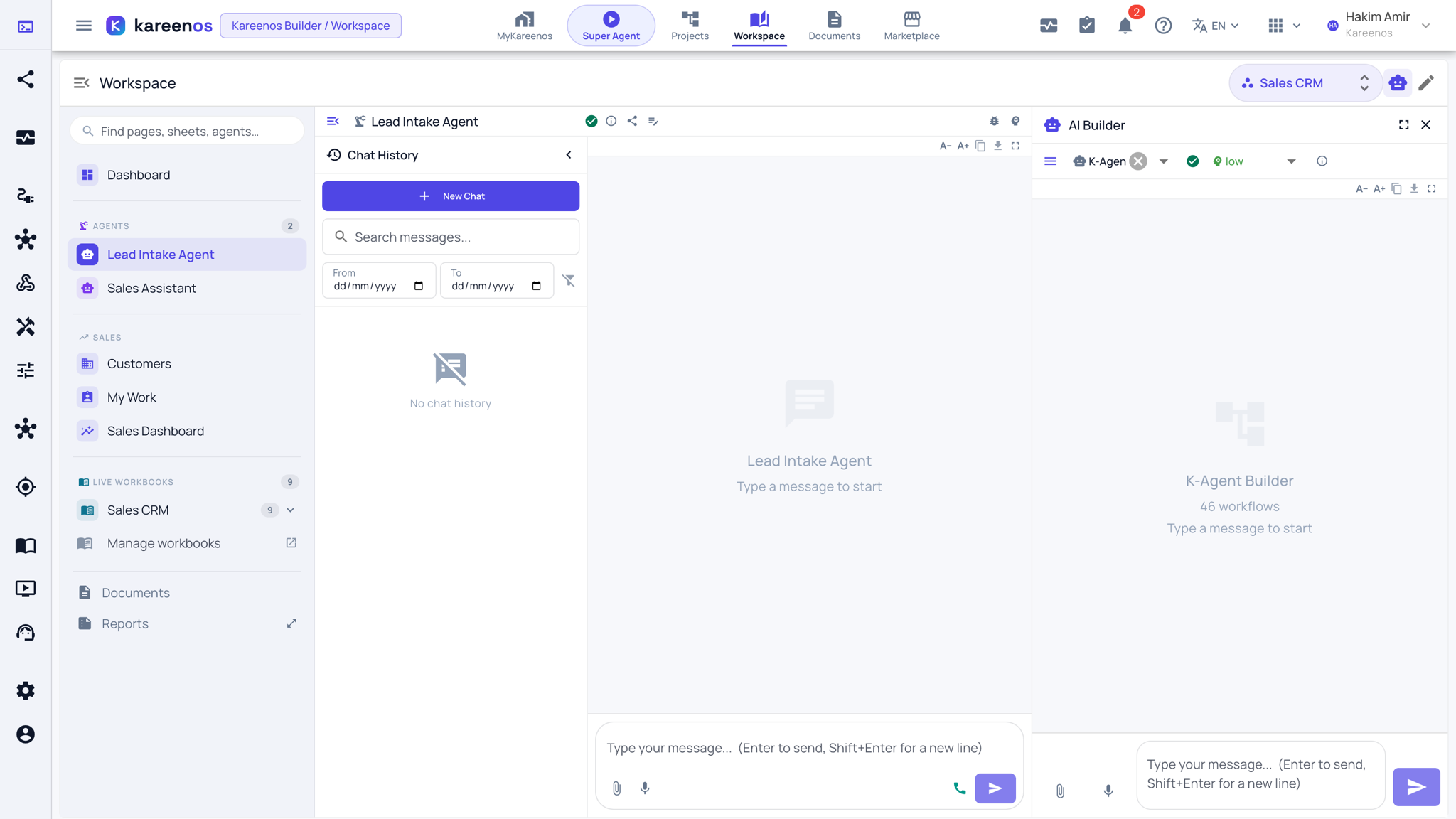 The Workspace with the AI Builder panel open on the right beside a page, ready to take a description of the screen to build
