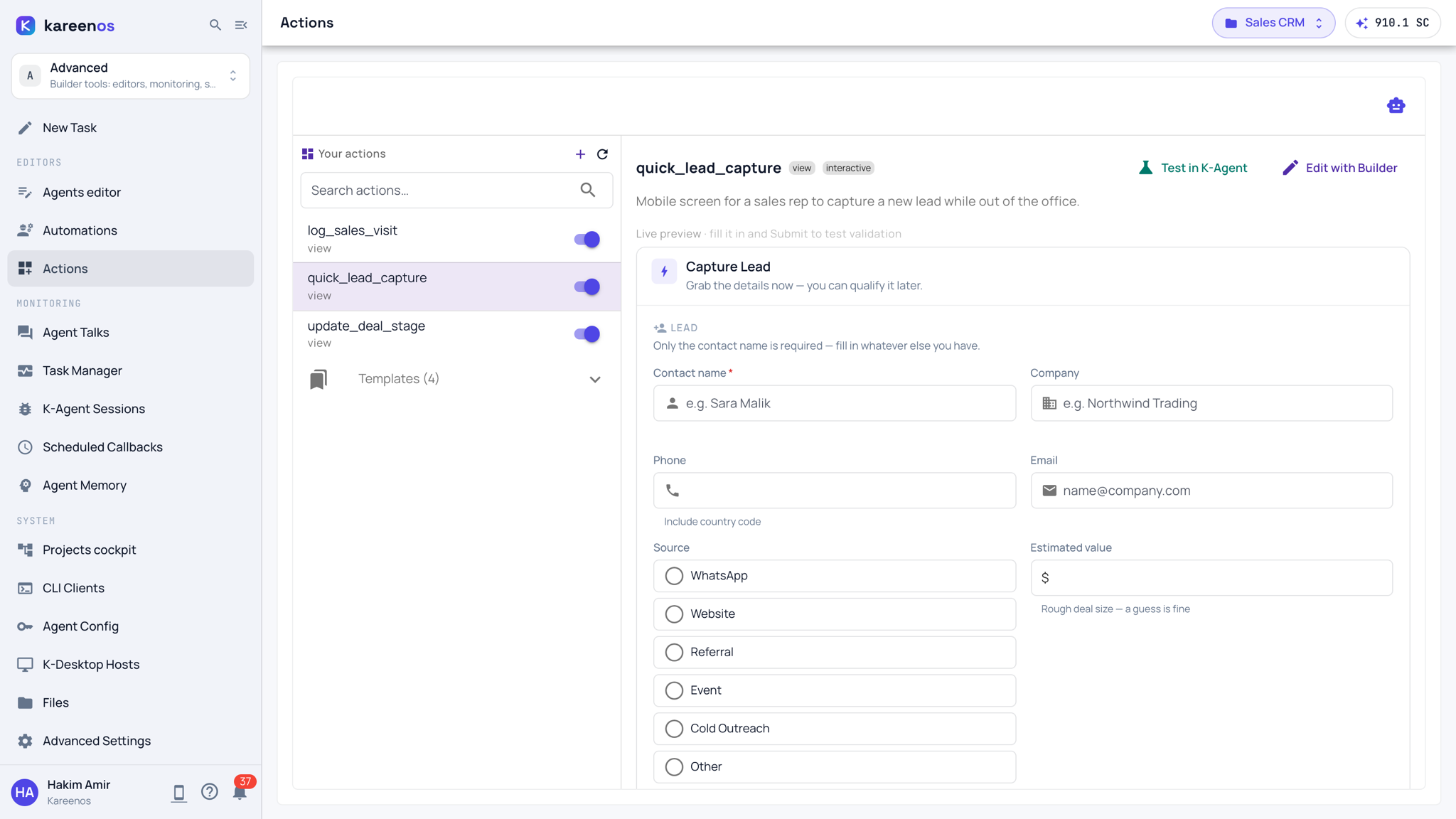 An action selected on the Actions page: the action list on the left, and on the right its description, the Test in K-Agent and Edit with Builder buttons, and the live preview of its Capture Lead form