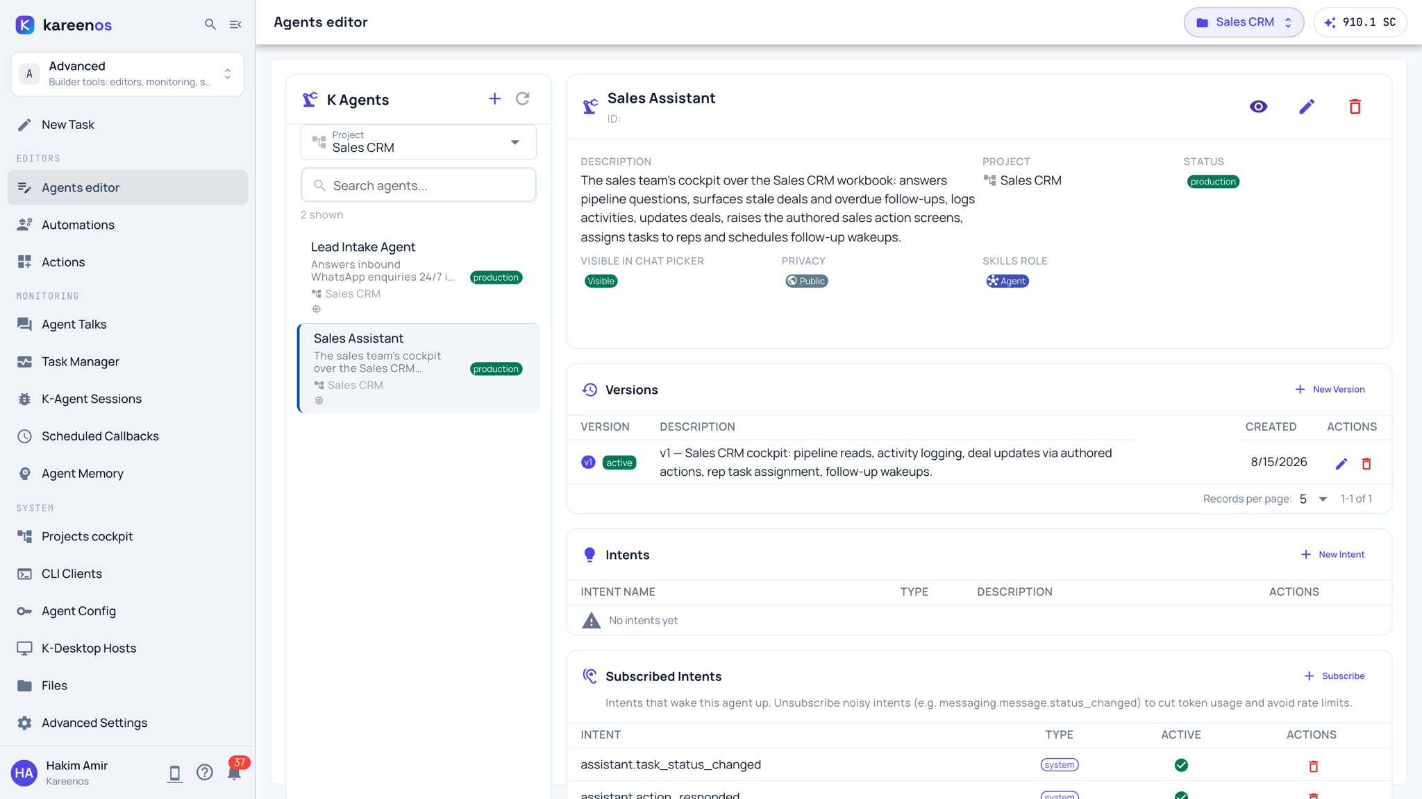 The Agents editor in Advanced: the sidebar with the Editors, Monitoring and System rows, the agent list filtered to the Sales CRM project, and the Sales Assistant open with its description, project, status, versions, intents and subscribed intents