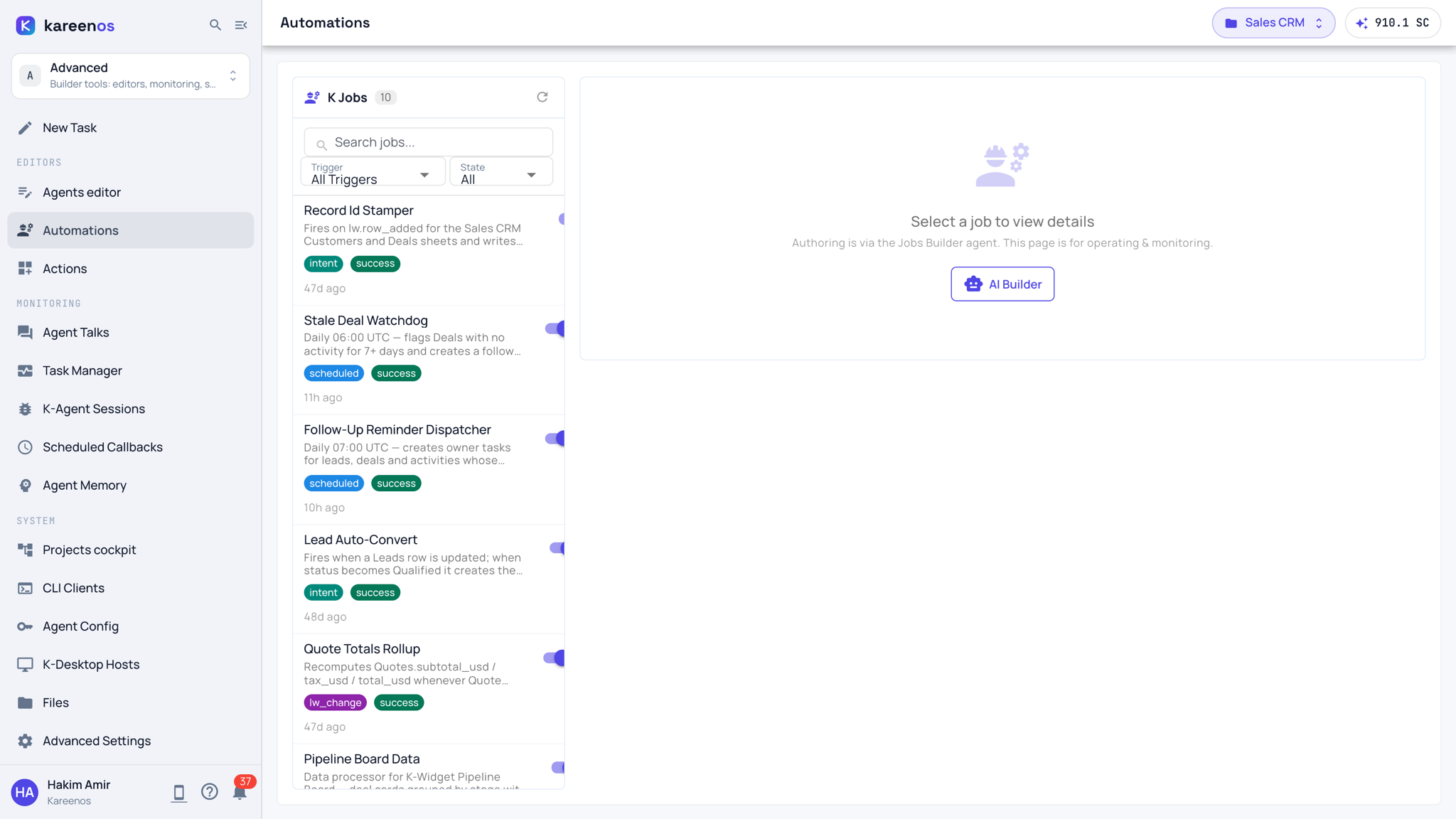 The Automations page listing each automation with its trigger, state and when it last ran, and the detail area for the selected one
