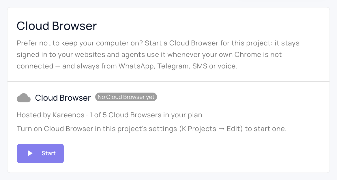 The Cloud Browser card on the Browsers page: what a Cloud Browser is for, the status of this project's browser, how many Cloud Browsers the plan includes, and the Start button