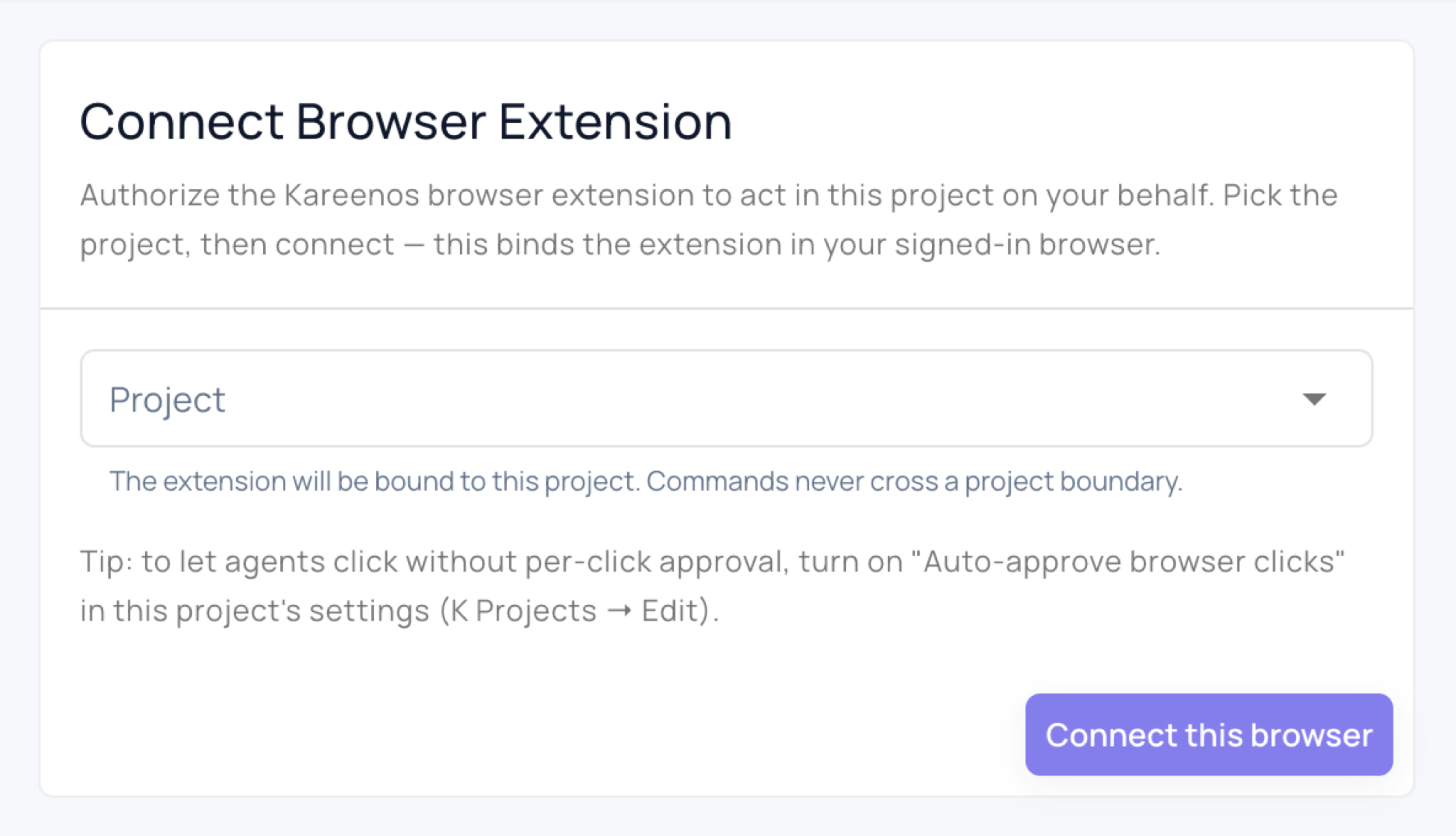 The Connect Browser Extension page with a project chosen and the Connect this browser button