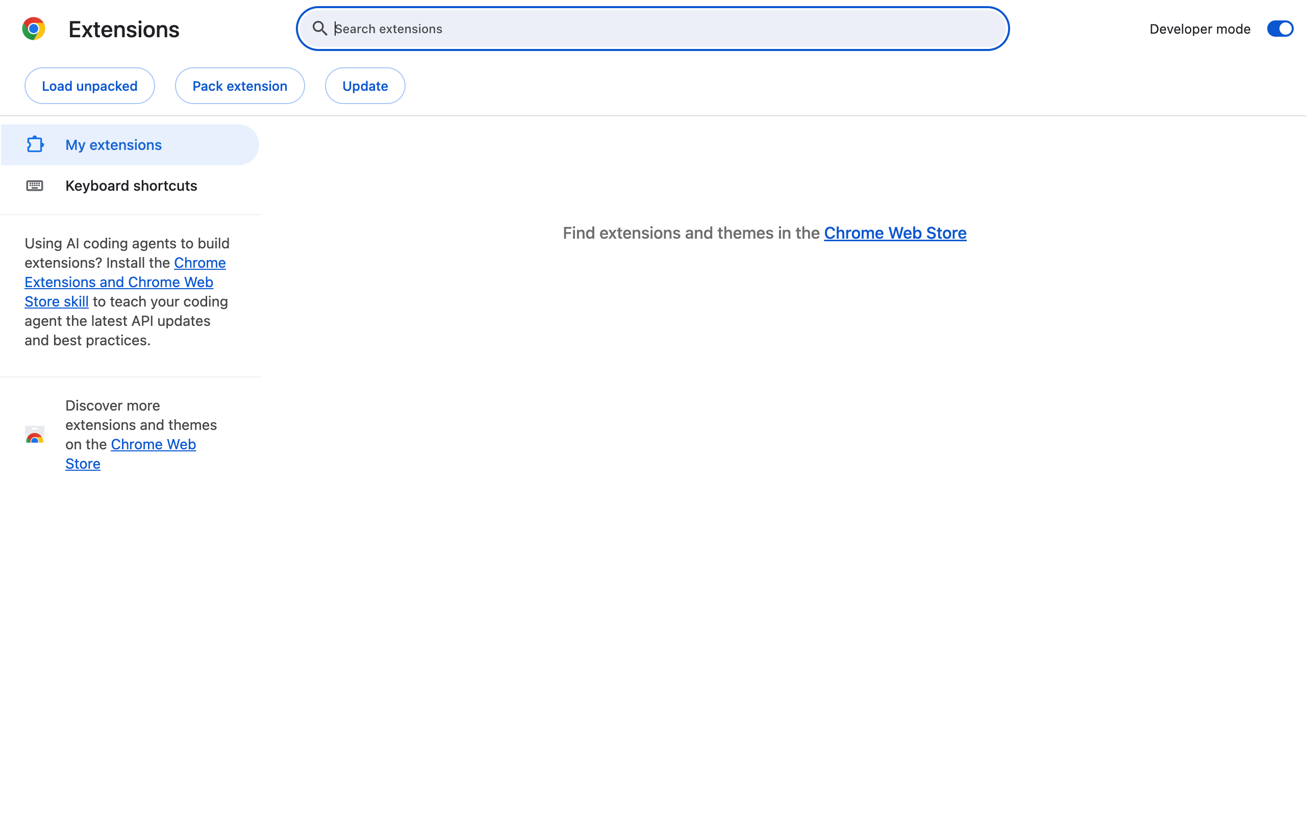 The Extensions page with the Developer mode switch in the top right turned on and the Load unpacked button showing