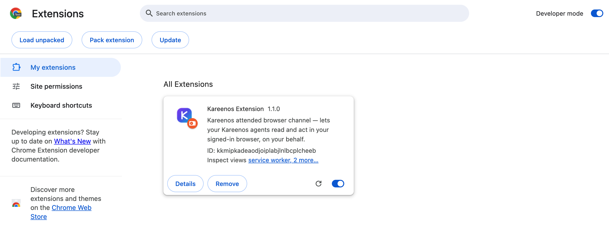 The Kareenos Extension card on the Extensions page after loading it unpacked